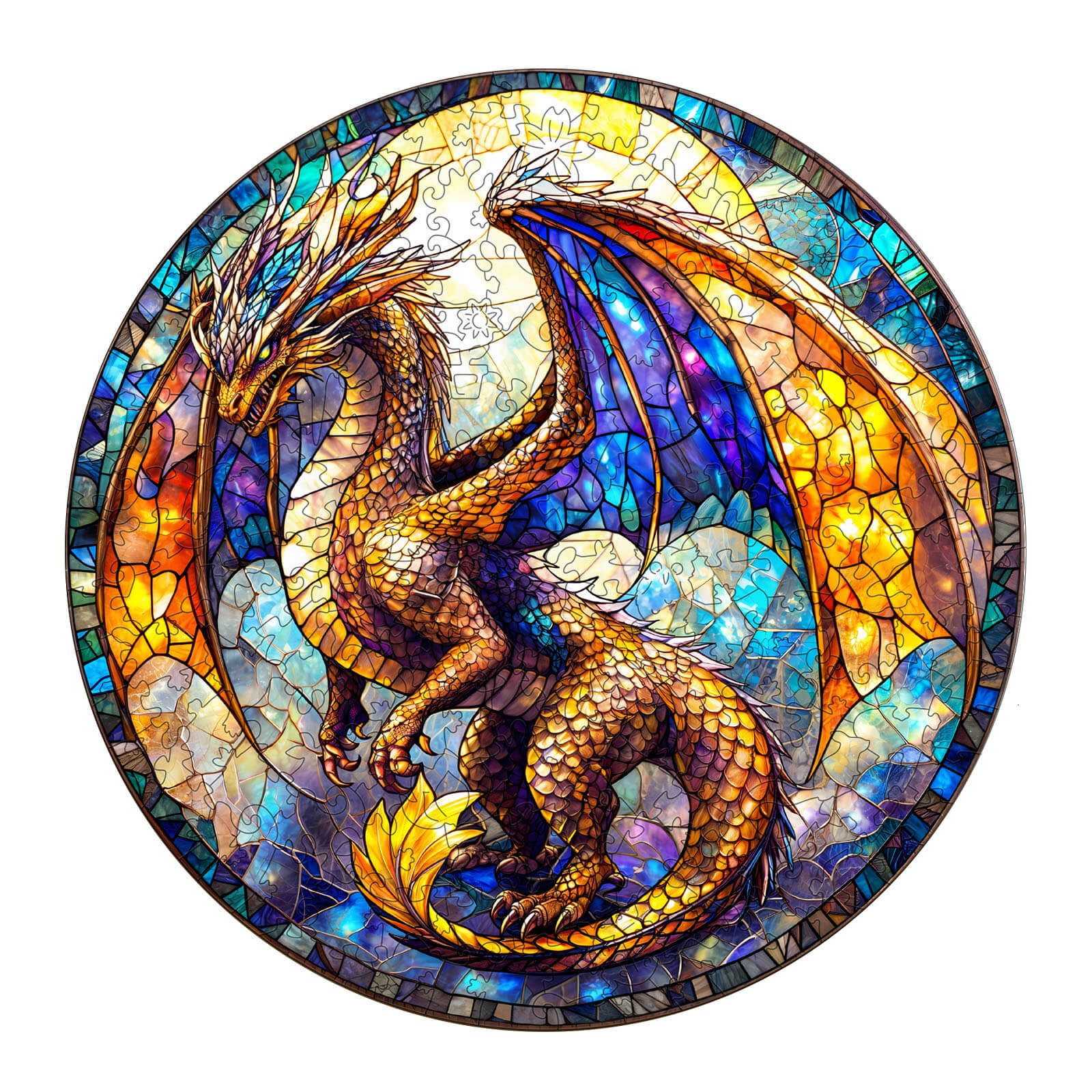 Stained glass dragon wooden jigsaw puzzle featuring intricate golden design and vibrant colors, perfect for display.