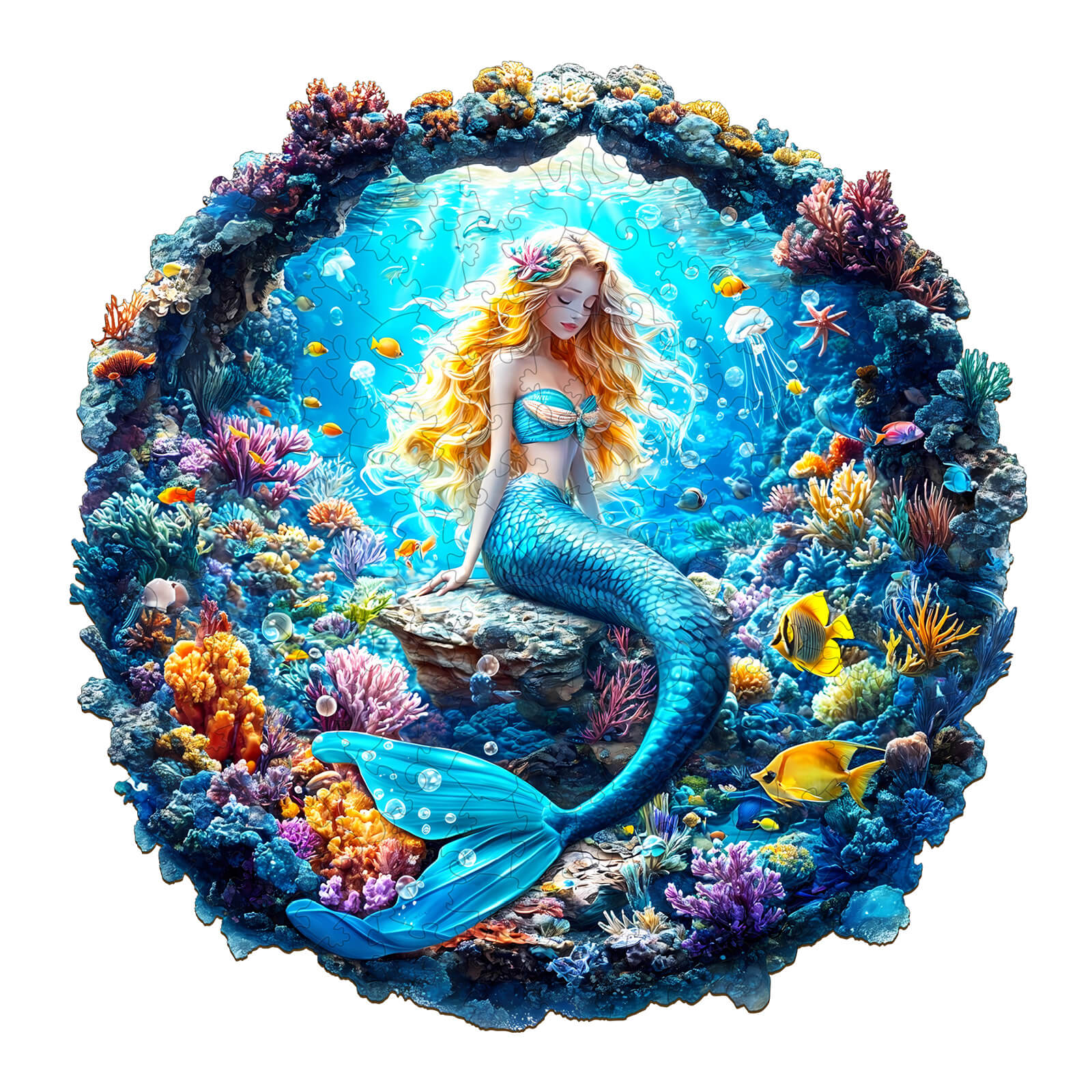 3D Mermaid Wooden Jigsaw Puzzle showcasing a beautiful mermaid surrounded by colorful coral and marine life.
