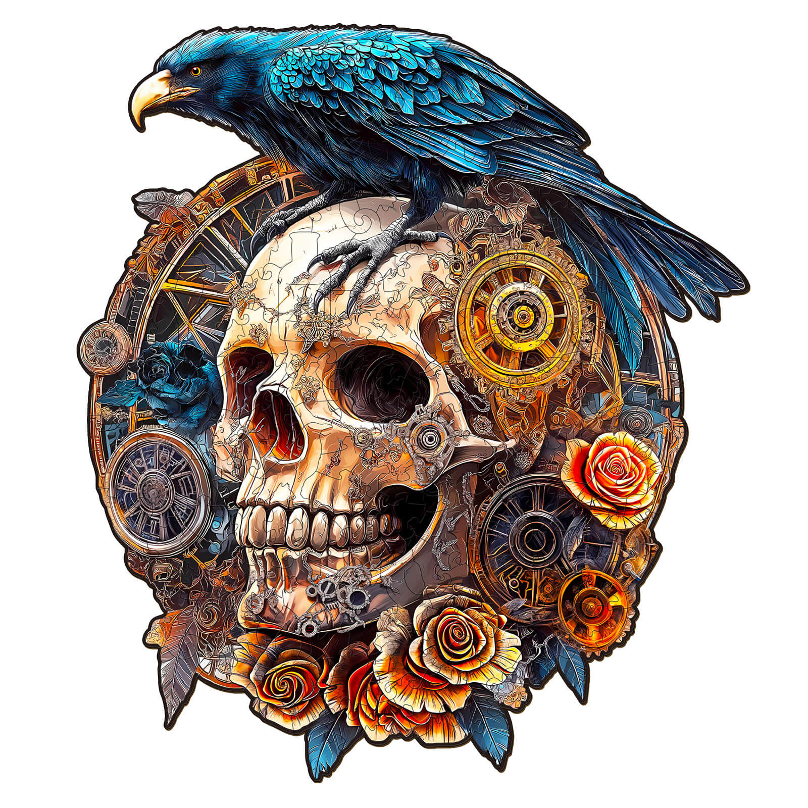 3D Mechanical Skull & Raven wooden jigsaw puzzle featuring intricate gears and colorful roses.
