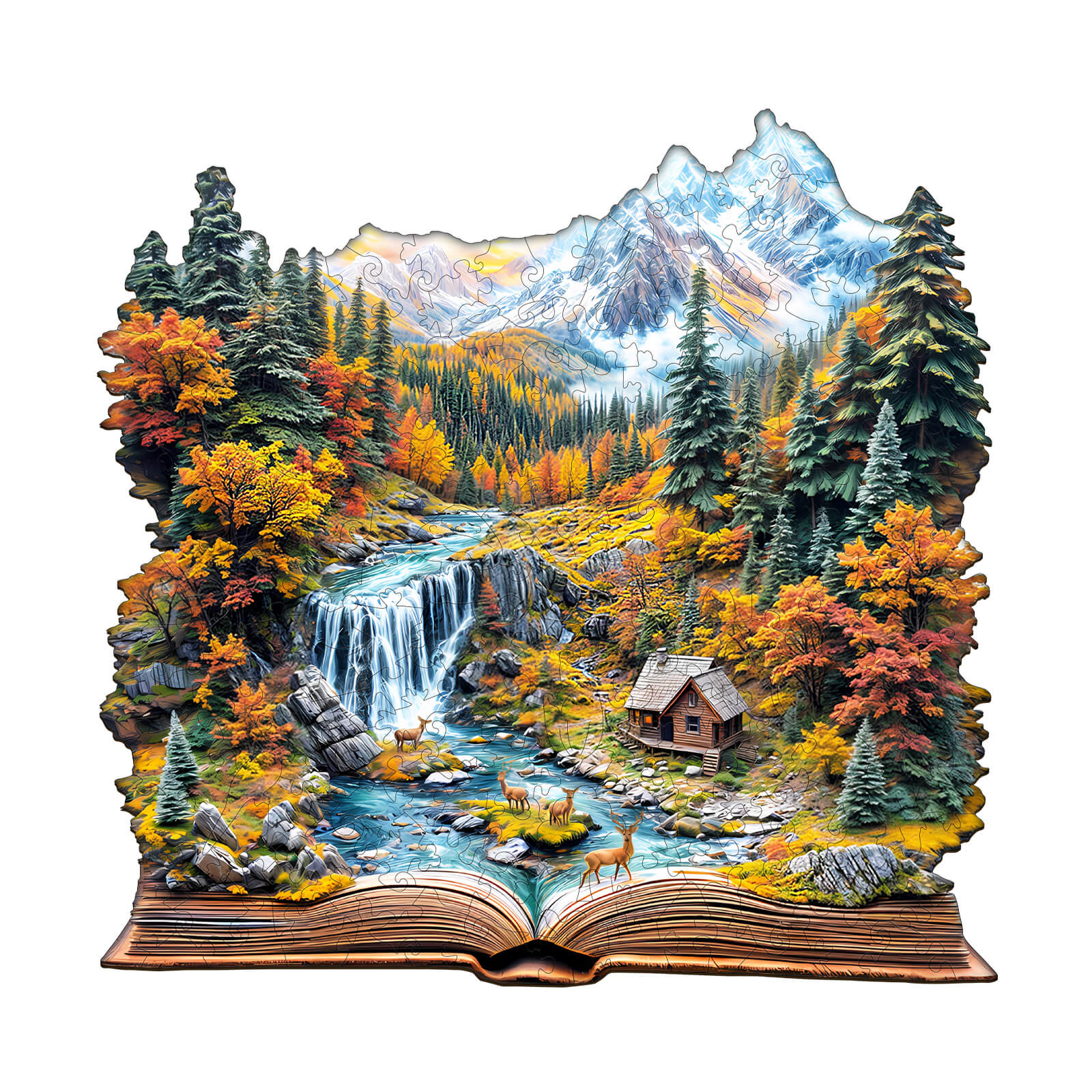 Autumn Wonderland wooden jigsaw puzzle featuring a vibrant landscape with mountains, a waterfall, and colorful fall foliage.