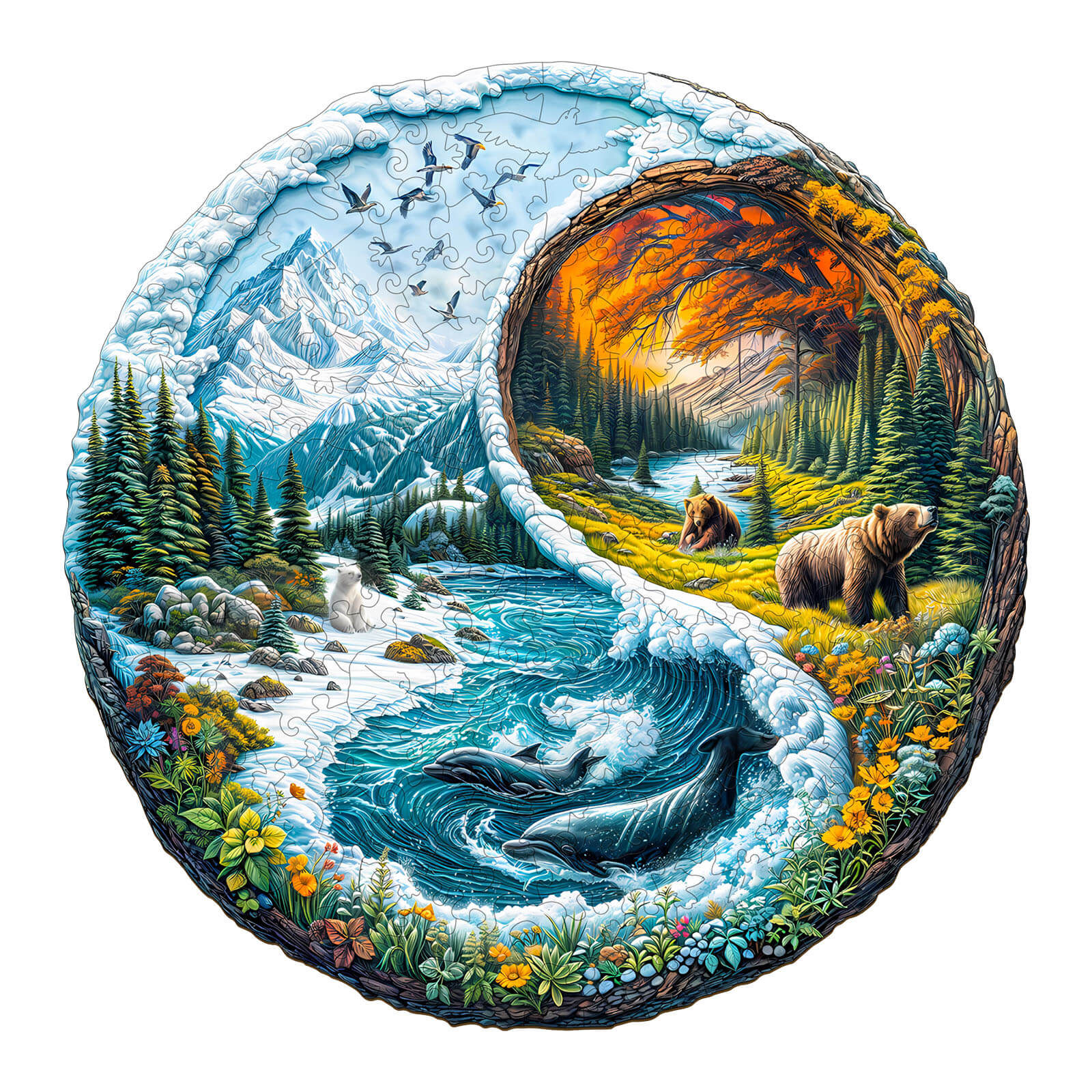 Yin yang glacial forest wooden jigsaw puzzle featuring serene nature scenes with bears and whales in vibrant colors.