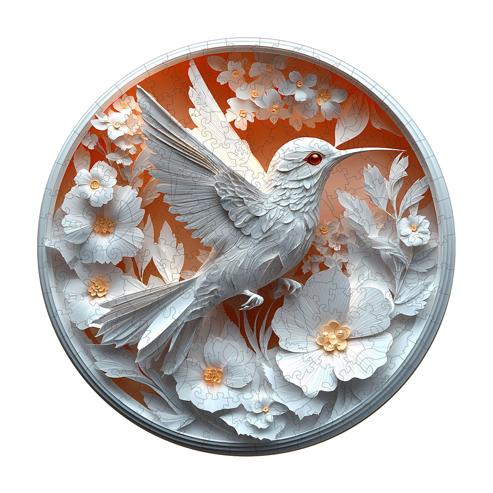 3D Paper Hummingbird wooden jigsaw puzzle featuring intricate floral designs, perfect for brain training and focus.