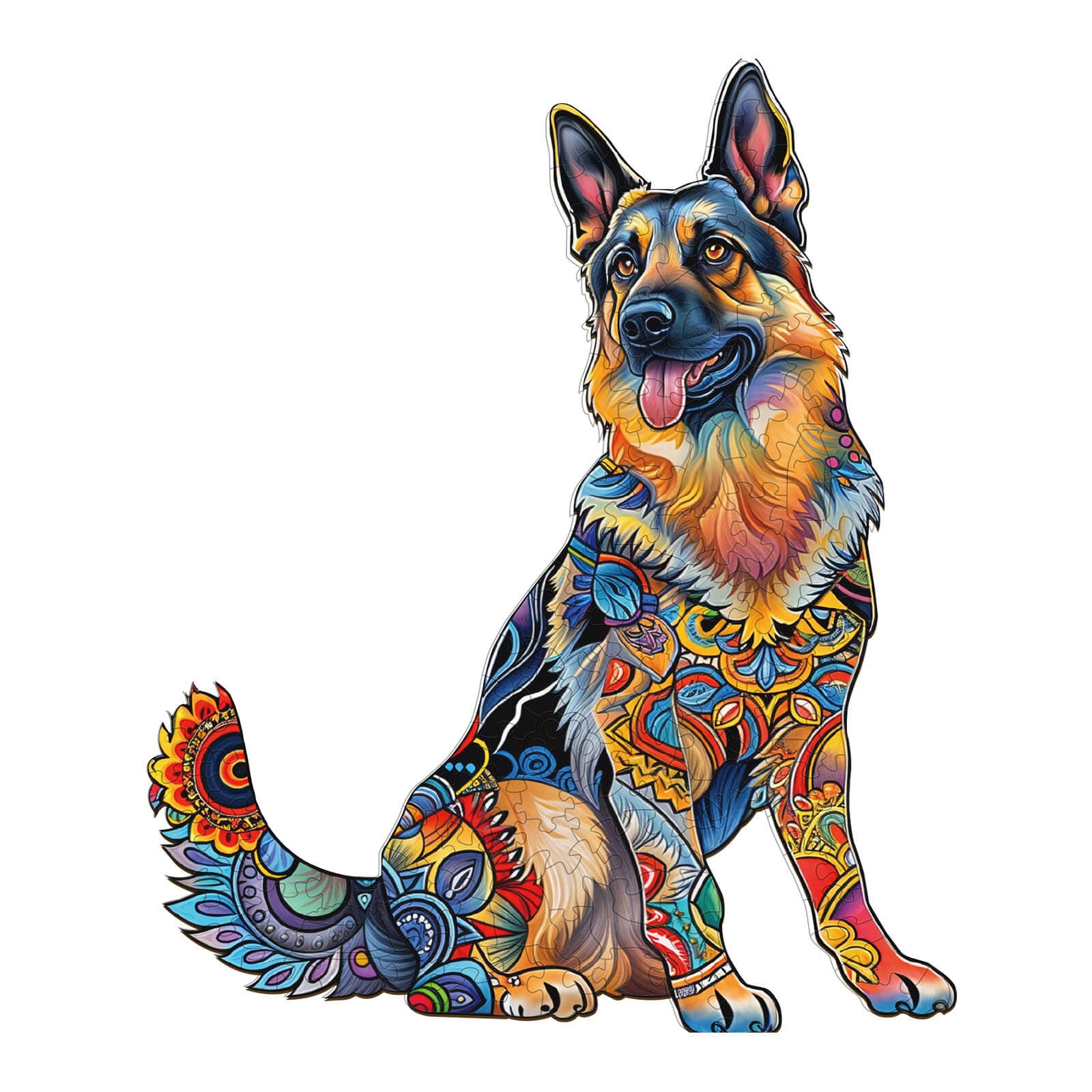 Colorful wooden jigsaw puzzle featuring a playful German Shepherd with intricate designs, perfect for puzzle lovers.