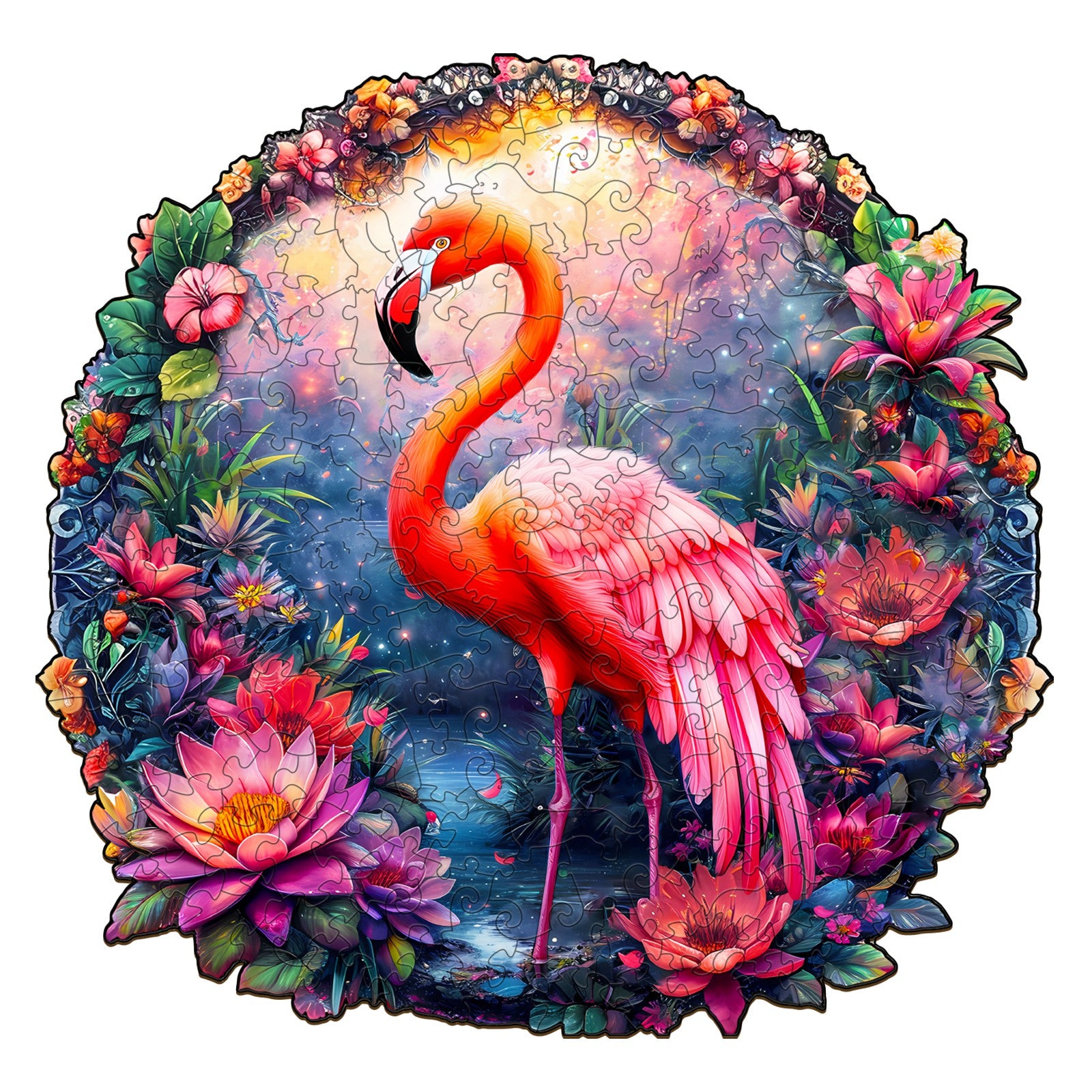 Elegant Flamingo wooden jigsaw puzzle featuring vibrant colors and floral design, perfect for brain training and focus.