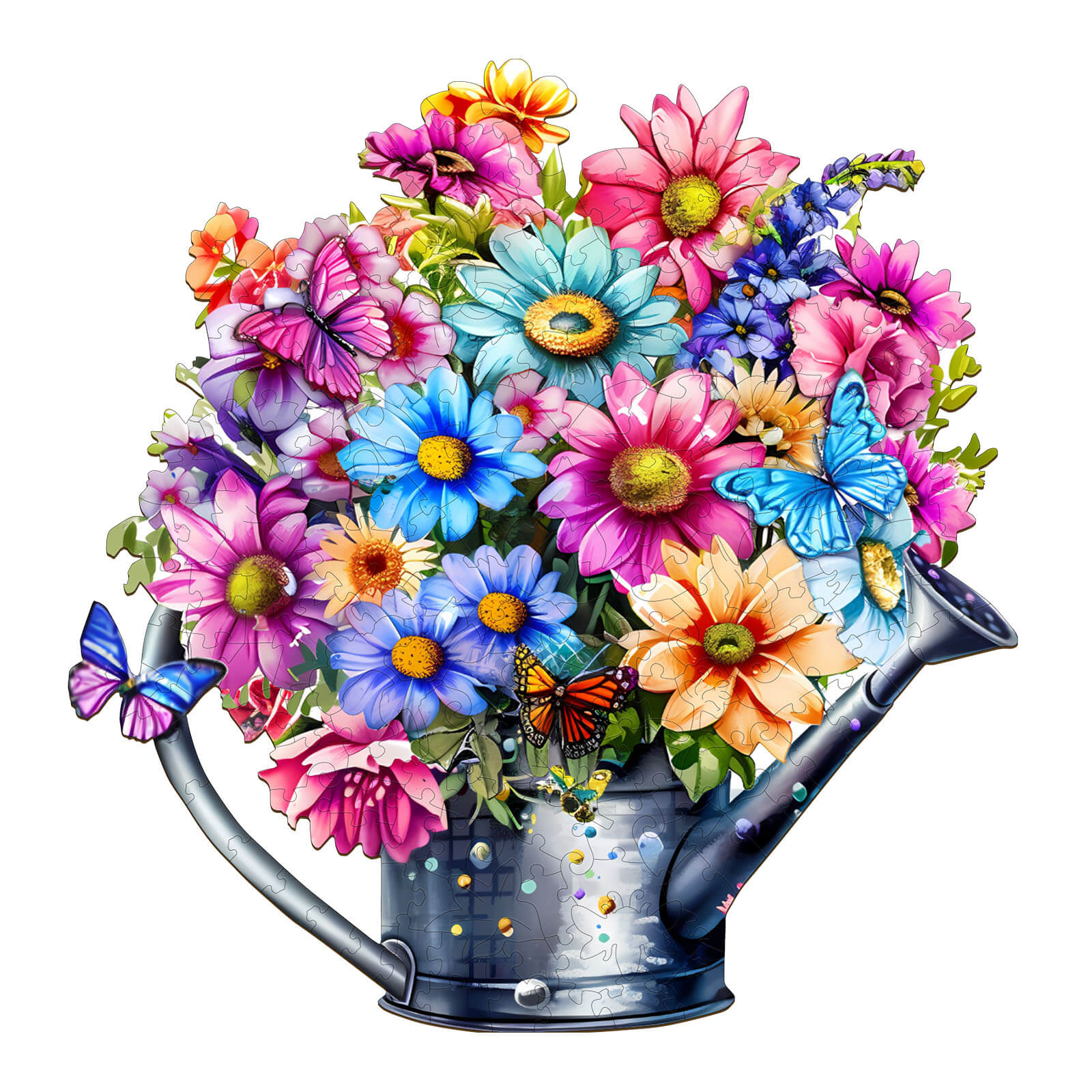 Colorful bouquet of flowers in a watering can, featuring daisies, butterflies, and vibrant petals.