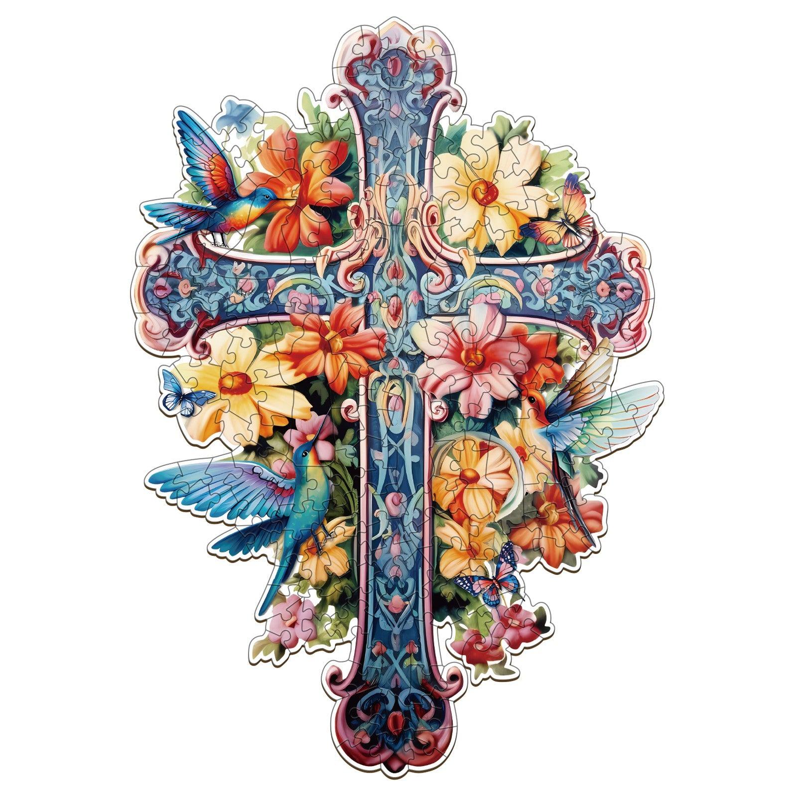 Blessing Cross-1 wooden jigsaw puzzle with vibrant flowers and intricate animal designs, expertly crafted for precision fitting.