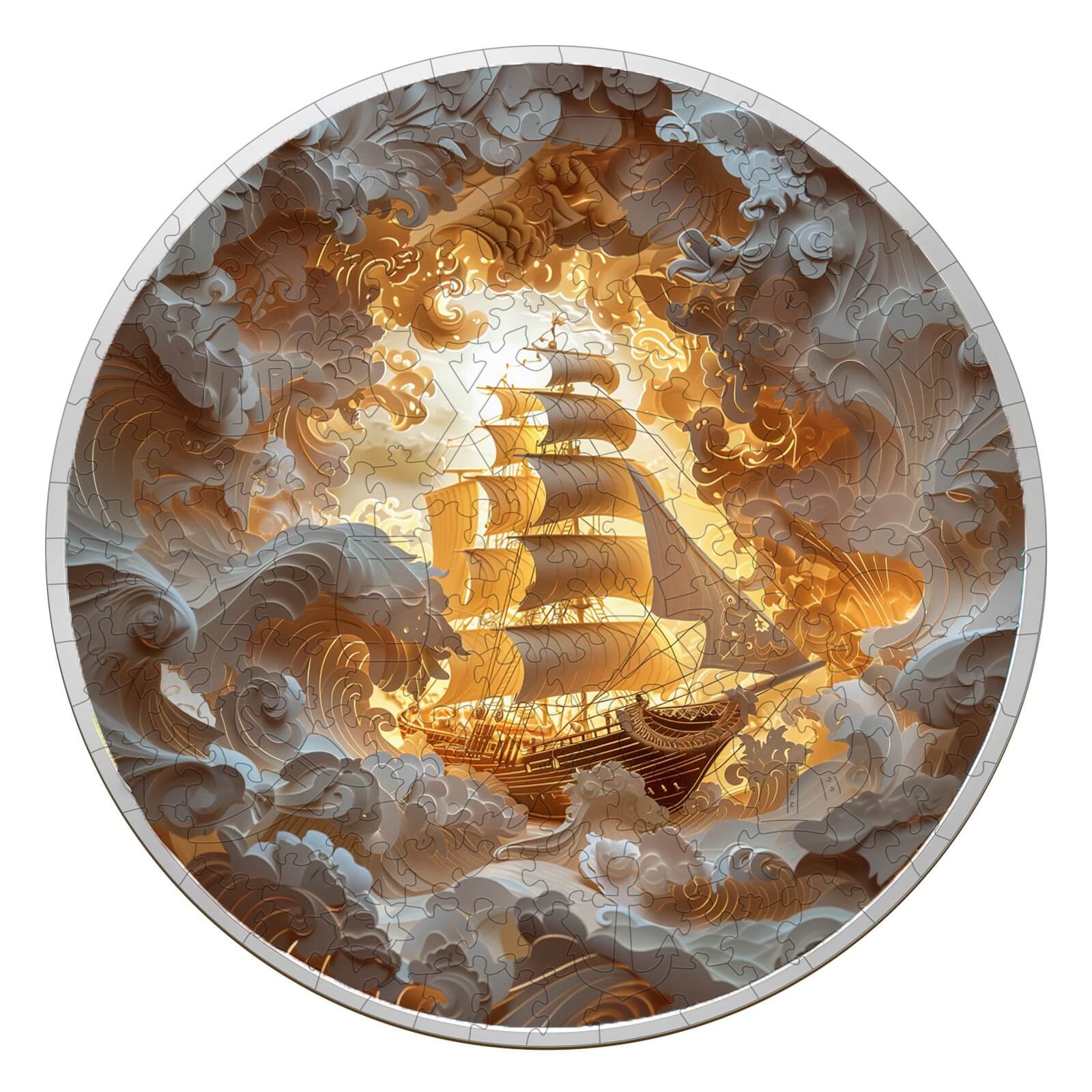 3D Sailing-2 wooden jigsaw puzzle featuring a ship amidst swirling clouds and waves, great for mind games and focus.
