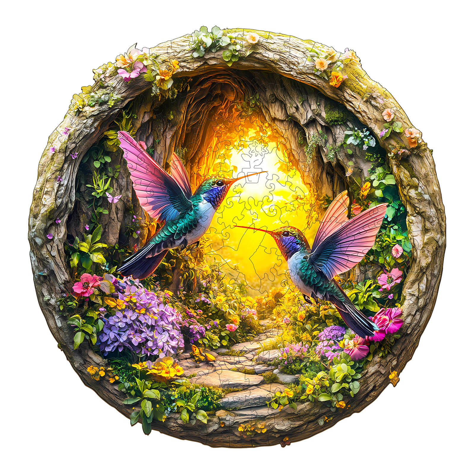 3D Hummingbird in the Cave-1 jigsaw puzzle featuring vibrant hummingbirds and a colorful floral cave.