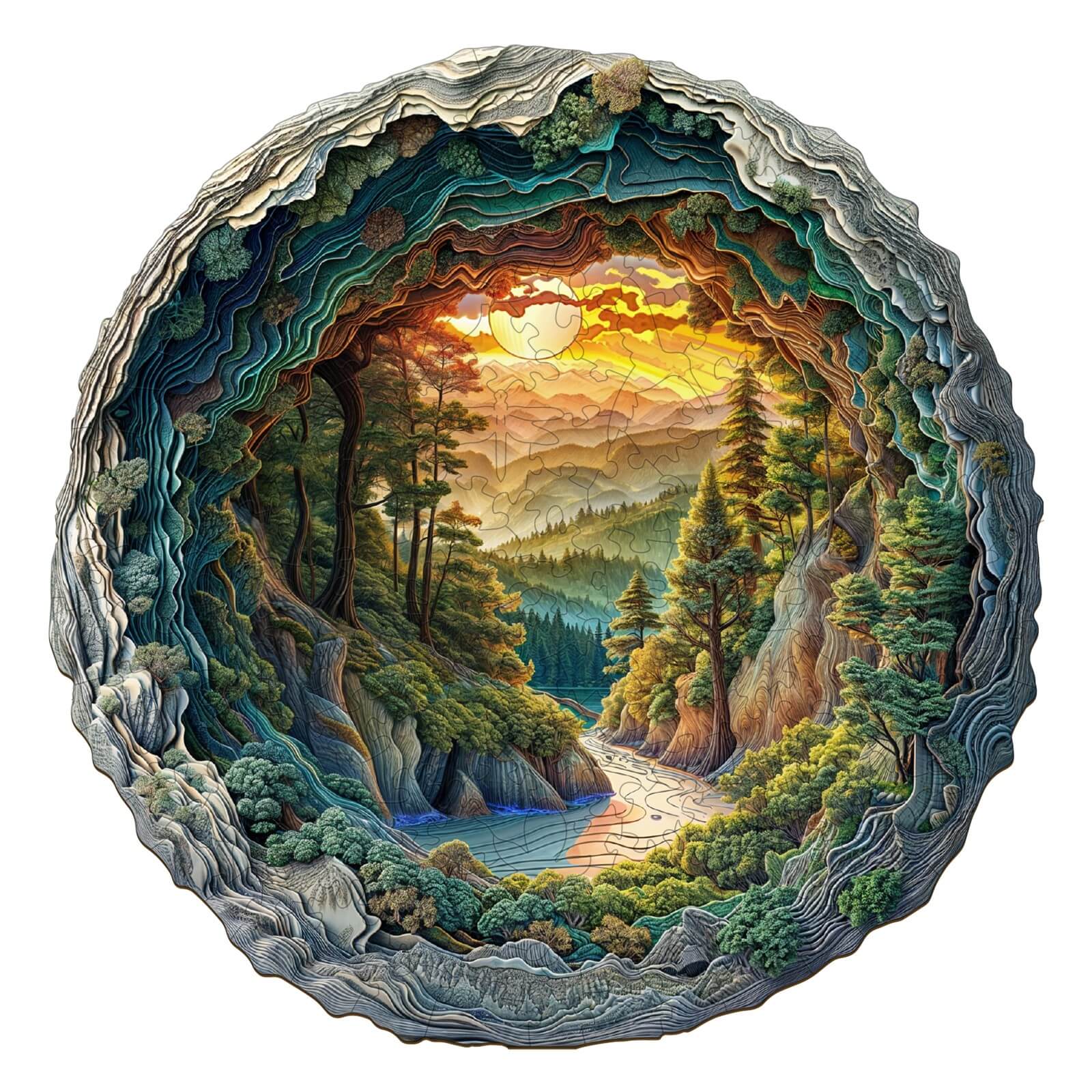 3D cave forest wooden jigsaw puzzle featuring a scenic nature landscape with trees and a river at sunset.