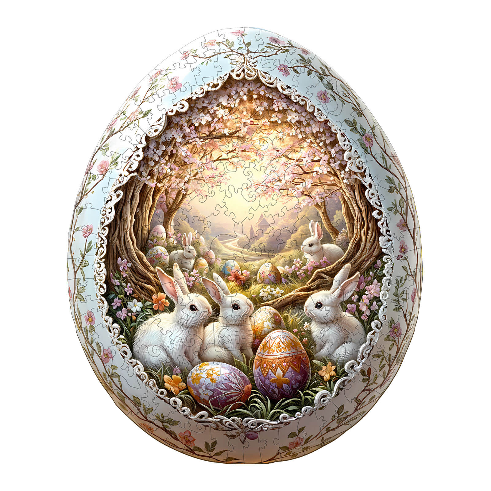 Wonderland Easter-6 wooden jigsaw puzzle featuring rabbits and colorful eggs in a beautiful spring setting.