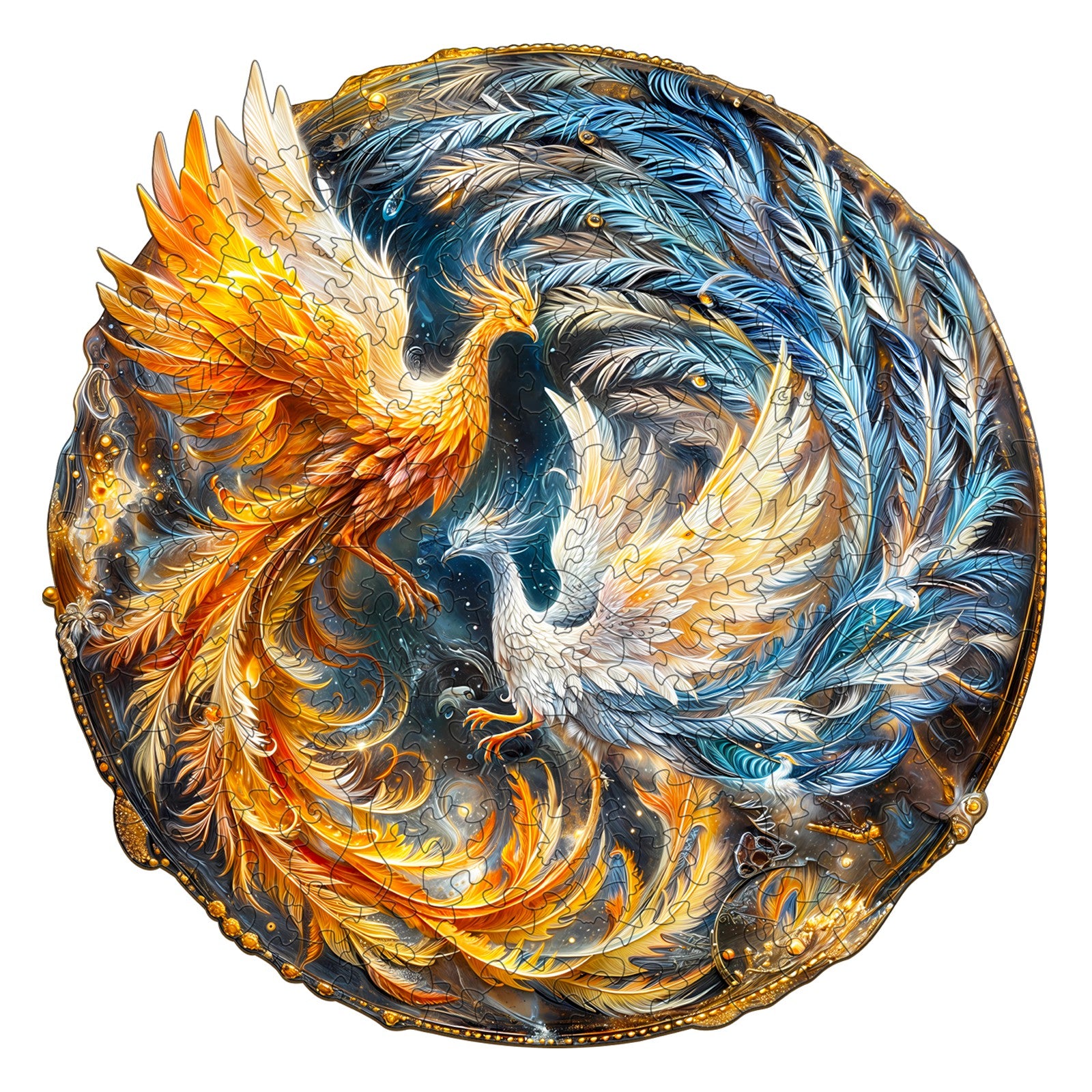 Yin Yang Phoenix-2 wooden jigsaw puzzle featuring vibrant phoenix designs in blue and orange, perfect for enhancing focus and cognitive skills.