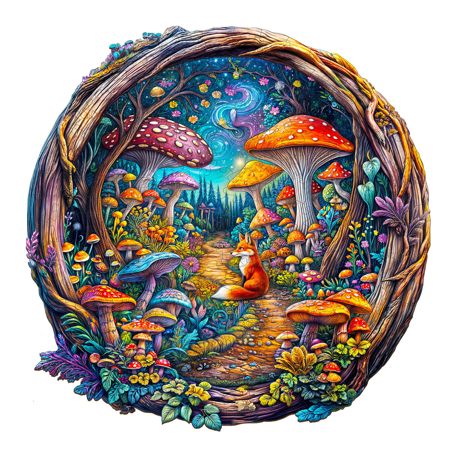 Colorful 3D Mushroom Forest wooden jigsaw puzzle depicting a whimsical scene with fox and vibrant mushrooms.