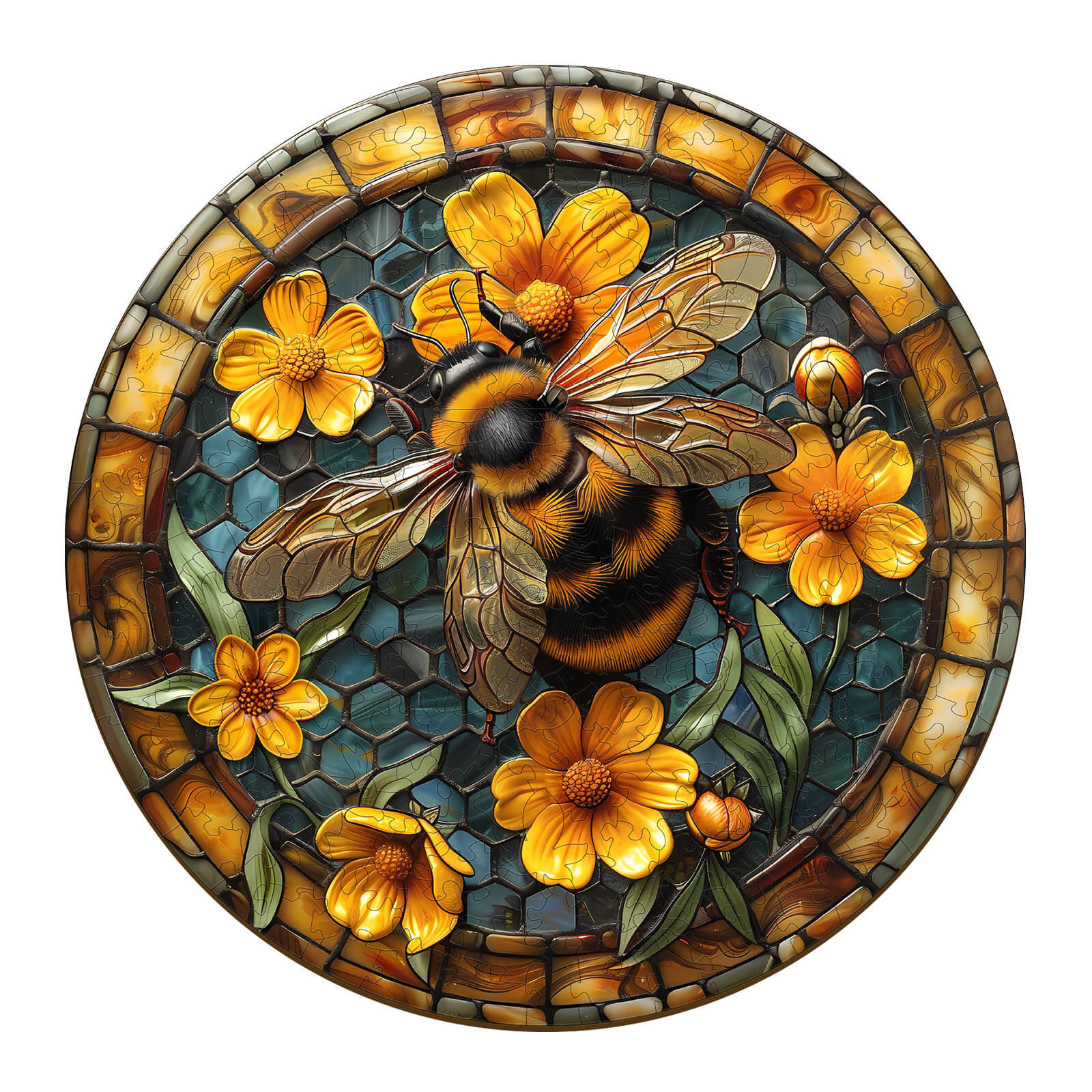 Leisurely Bee Wooden Jigsaw Puzzle featuring a bee and vibrant flowers in a circular design.