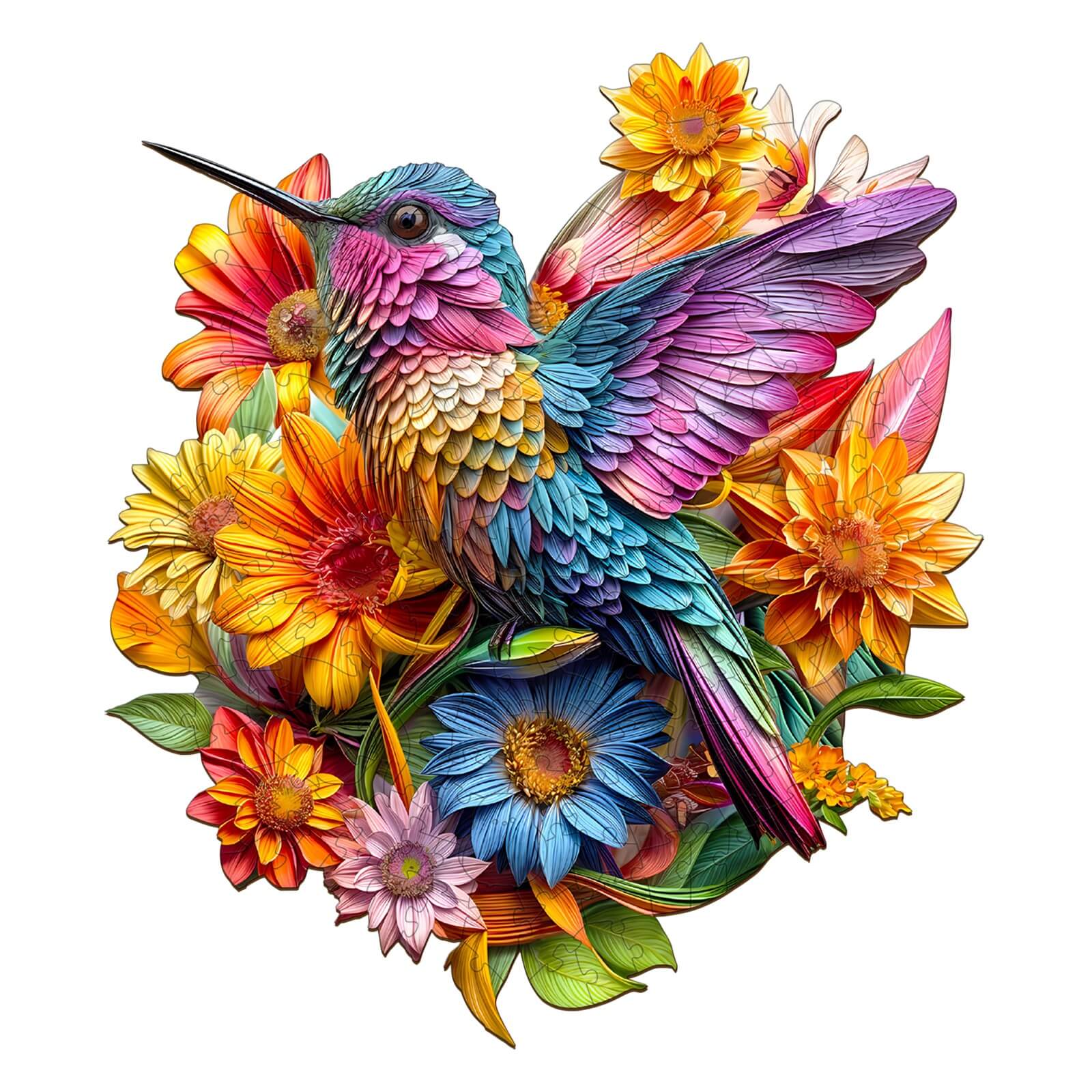 Colorful hummingbird surrounded by vibrant flowers in a detailed wooden jigsaw puzzle design.