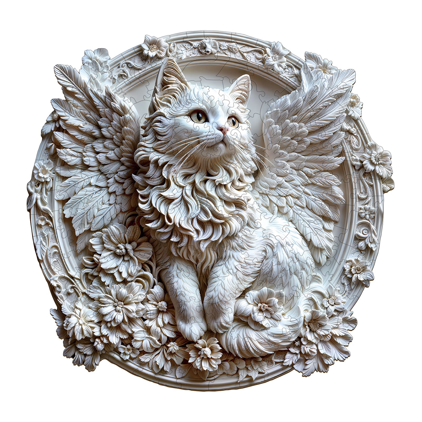 3D angel cat wooden jigsaw puzzle with wings and floral details, perfect for mind games and puzzle lovers.