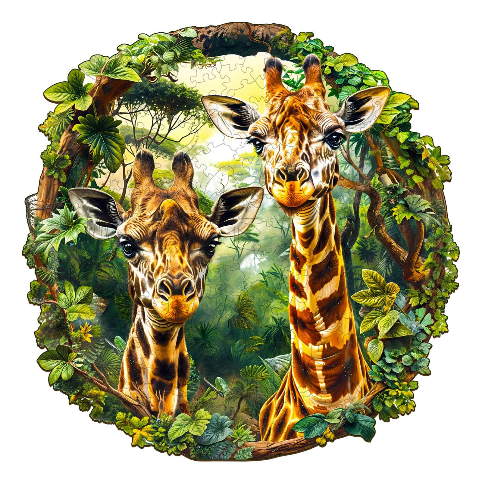 Giraffe-2 wooden jigsaw puzzle showcasing two giraffes in a lush jungle setting with vibrant colors.
