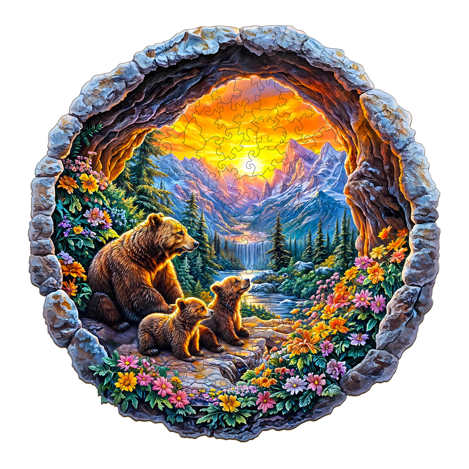 3D Bear's Journey wooden jigsaw puzzle depicting a bear family in a scenic landscape with vibrant flowers and mountains.