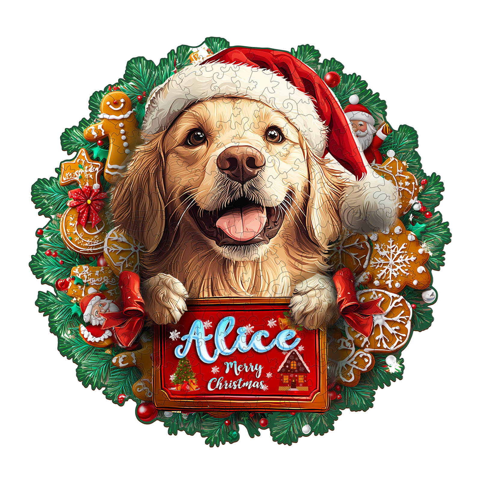 Christmas Golden Retriever Custom Name Wooden Jigsaw Puzzle