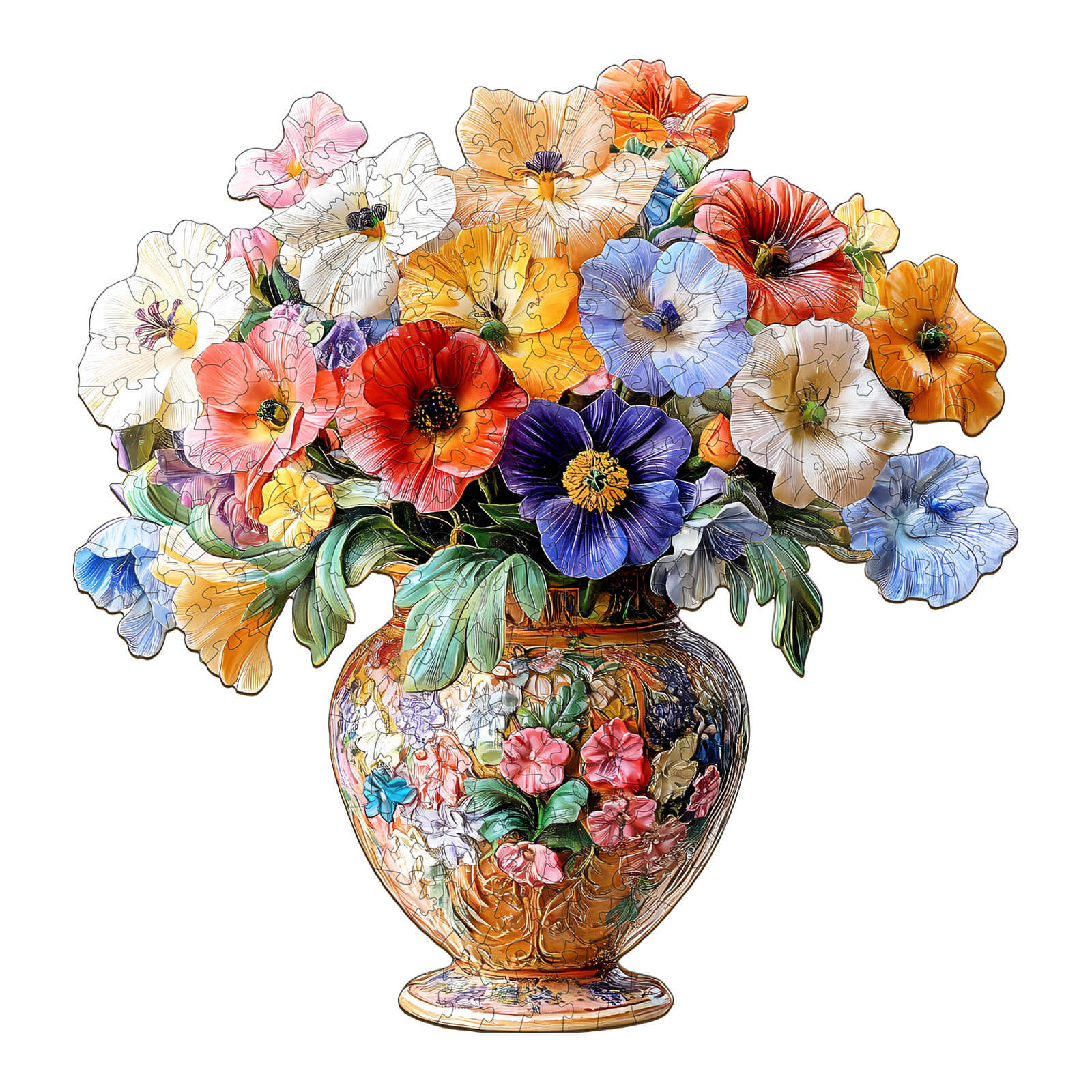3D Vintage flower jigsaw puzzle featuring a vibrant arrangement of colorful pansies in a decorative vase.