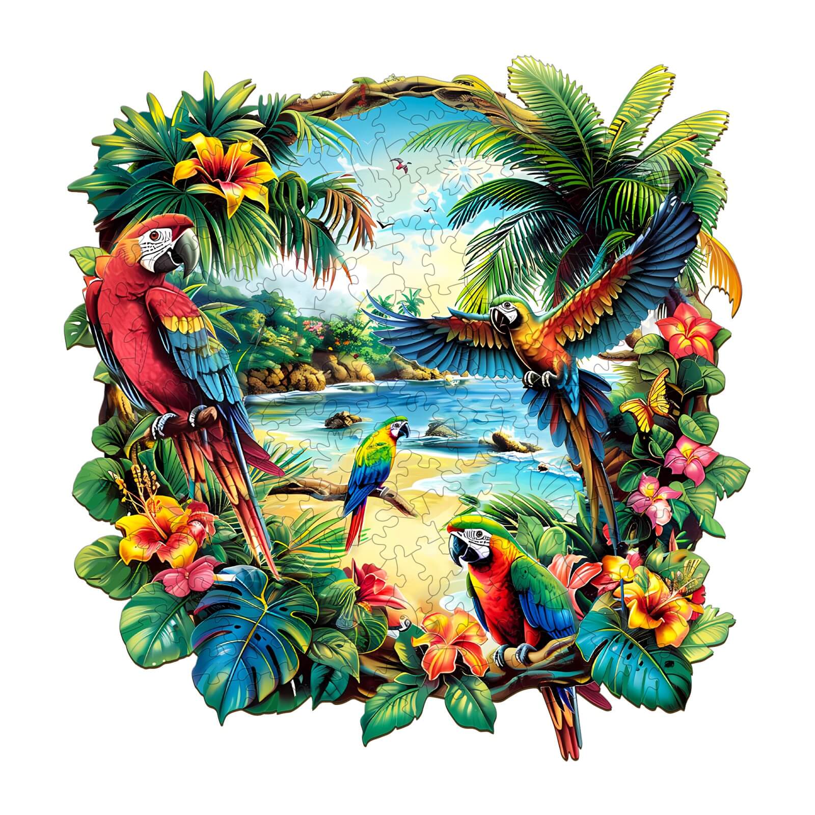 Tropical Parrot Wooden Jigsaw Puzzle featuring vibrant parrots and lush palm trees on a beach background.
