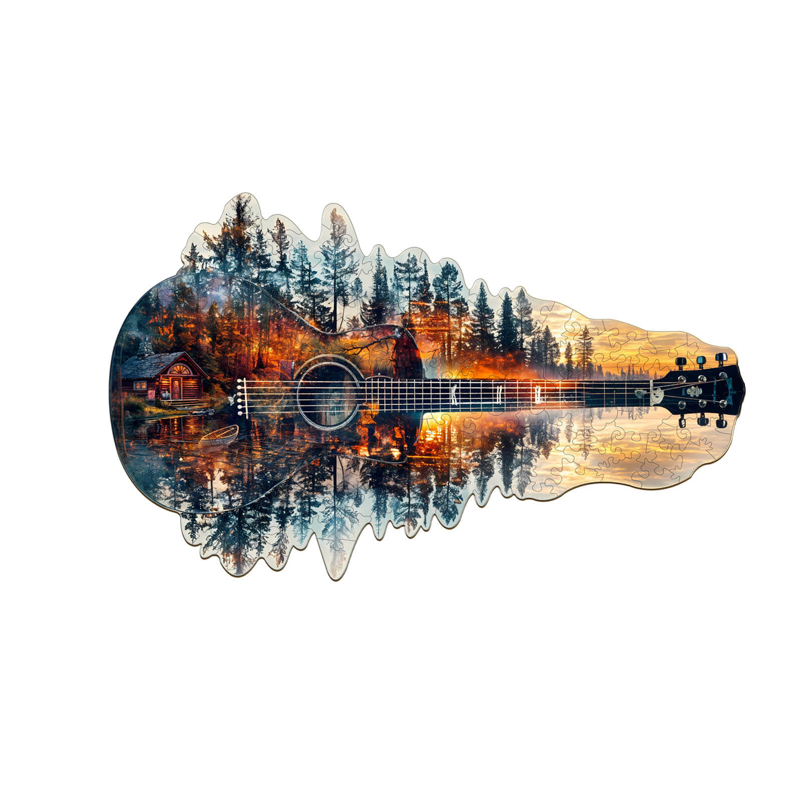 Sunset guitar wooden jigsaw puzzle featuring a serene landscape with trees and reflections, perfect for puzzle lovers.
