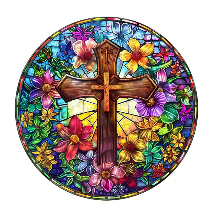 Stained Glass Cross Wooden Jigsaw Puzzle