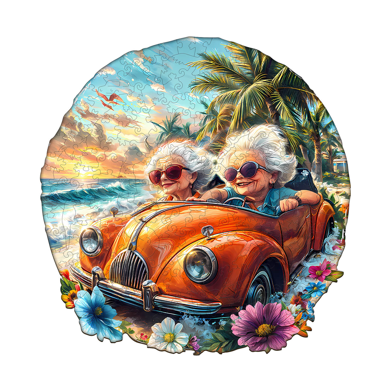 Happy grandma-2 wooden jigsaw puzzle featuring two joyful elderly women in a vintage car on a beach with flowers.