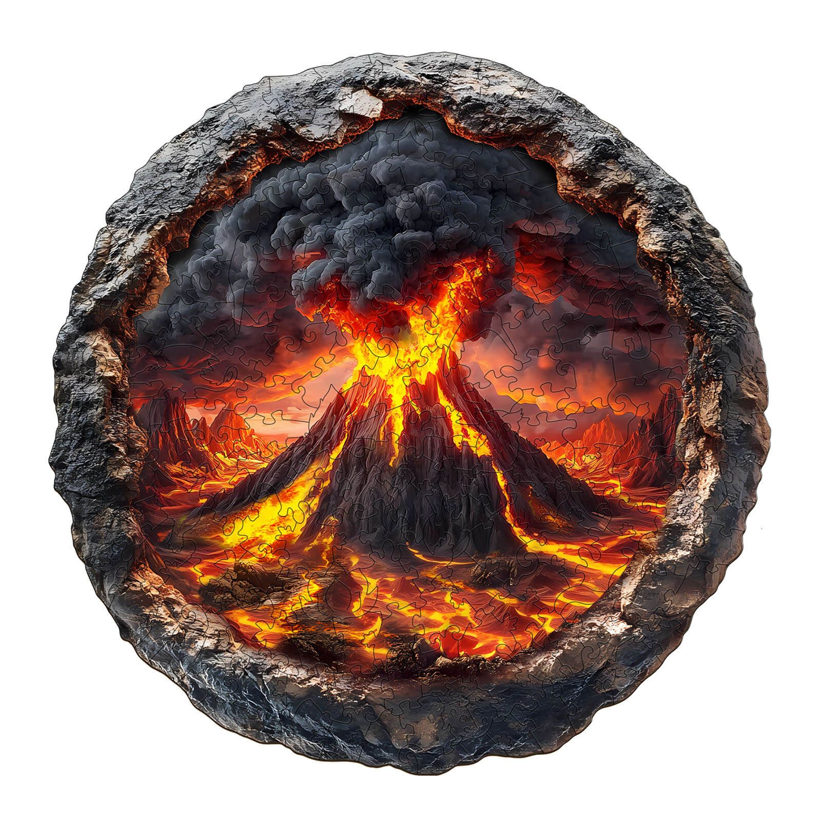 3D Volcanic Eruption Wooden Jigsaw Puzzle showcasing fiery lava and smoke against rocky background, ideal for mind games.
