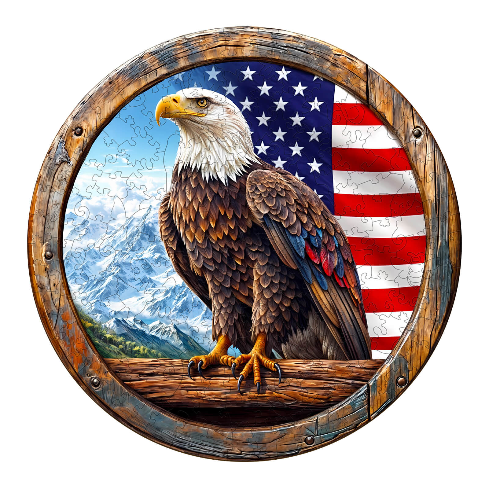 3D Bald Eagle wooden jigsaw puzzle featuring an eagle with the American flag, perfect for enhancing focus and mental skills.