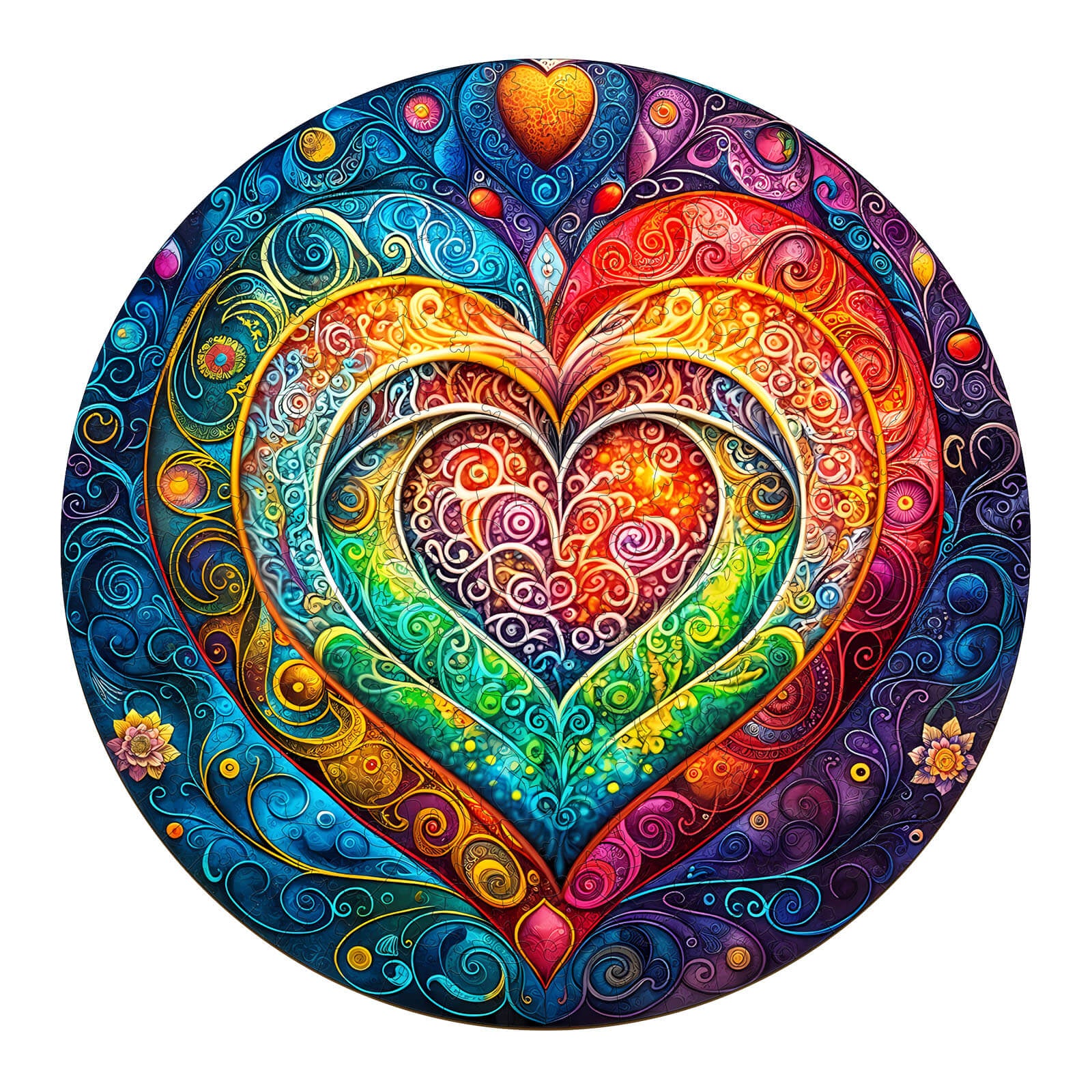 Colorful mandala heart wooden jigsaw puzzle design, ideal for enhancing focus and brain skills during play.