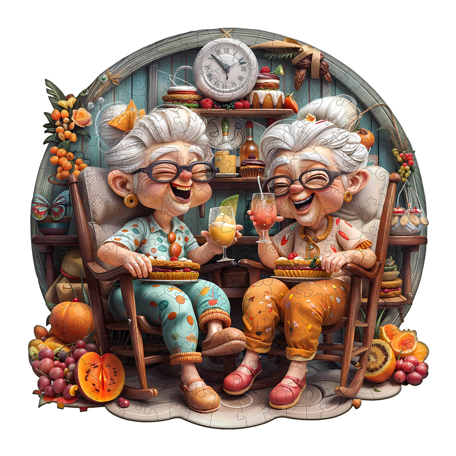 Wooden jigsaw puzzle featuring two joyful grandmas enjoying snacks and drinks, bringing fun and nostalgia to puzzle lovers.