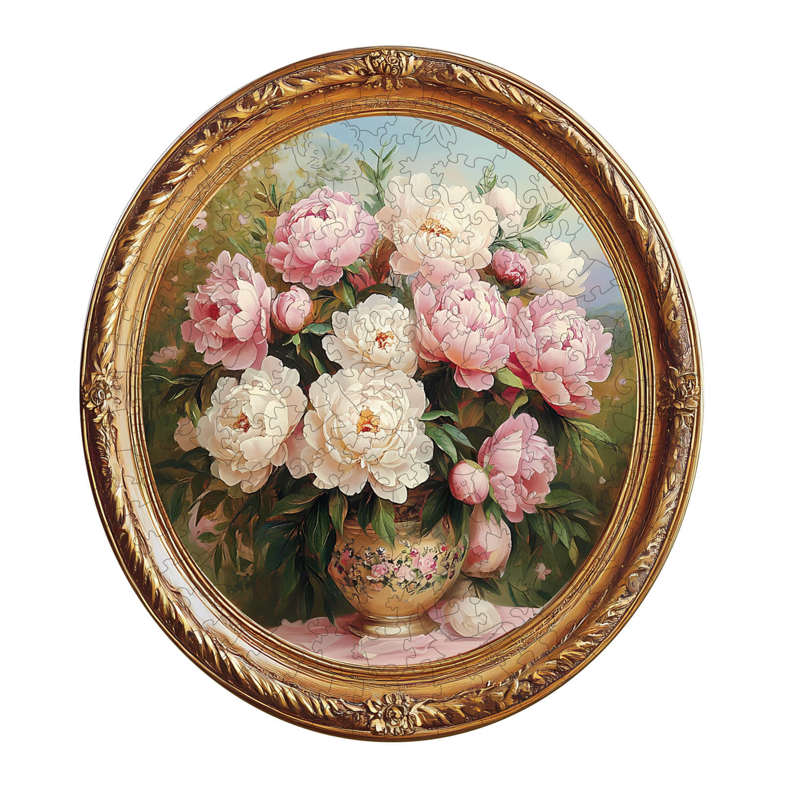 3D Tranquil Spring Day wooden jigsaw puzzle featuring a bouquet of pink and white peonies in an elegant gold frame.