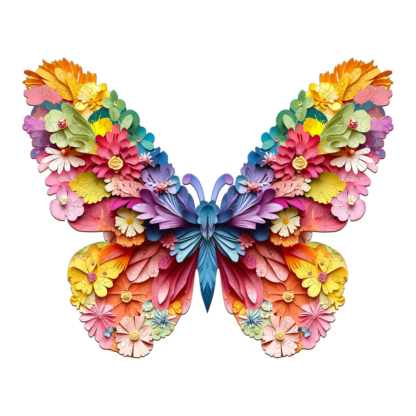 Vibrant 3D colorful butterfly design made of intricate wooden flowers and details, perfect for a jigsaw puzzle.