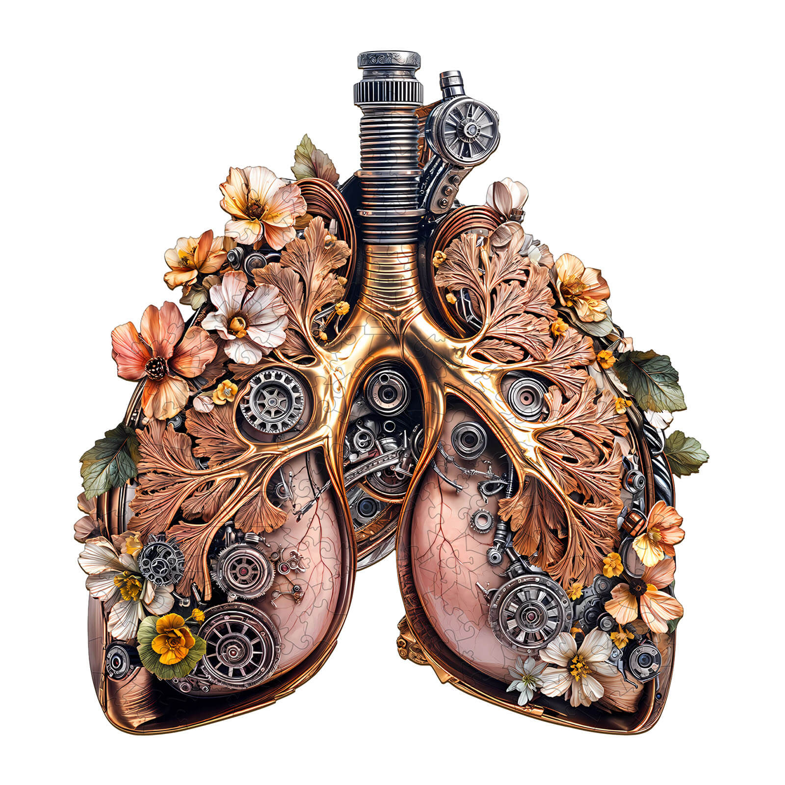 3D Mechanical Lung Wooden Jigsaw Puzzle design with intricate floral and gear details, representing a unique mind game experience.