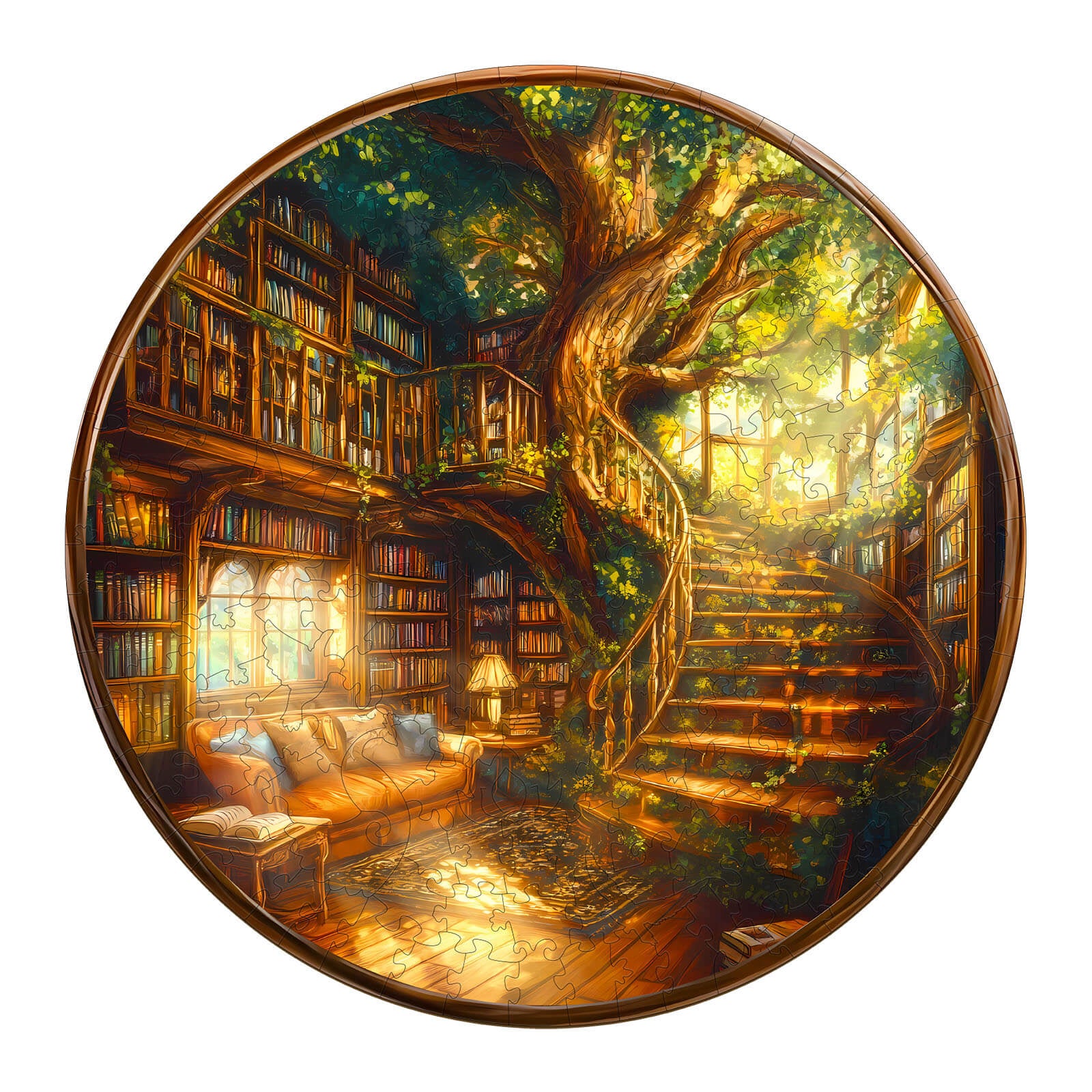 Charming Bookstore Wooden Jigsaw Puzzle featuring a cozy library with a tree, warm lighting, and inviting decor.