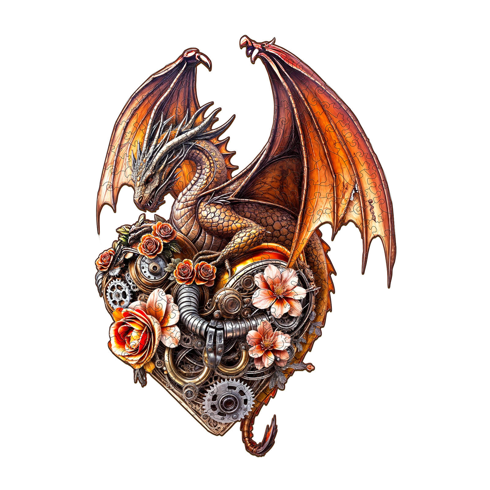 Dragon Heart Machina wooden jigsaw puzzle design featuring a majestic dragon and floral steampunk elements.