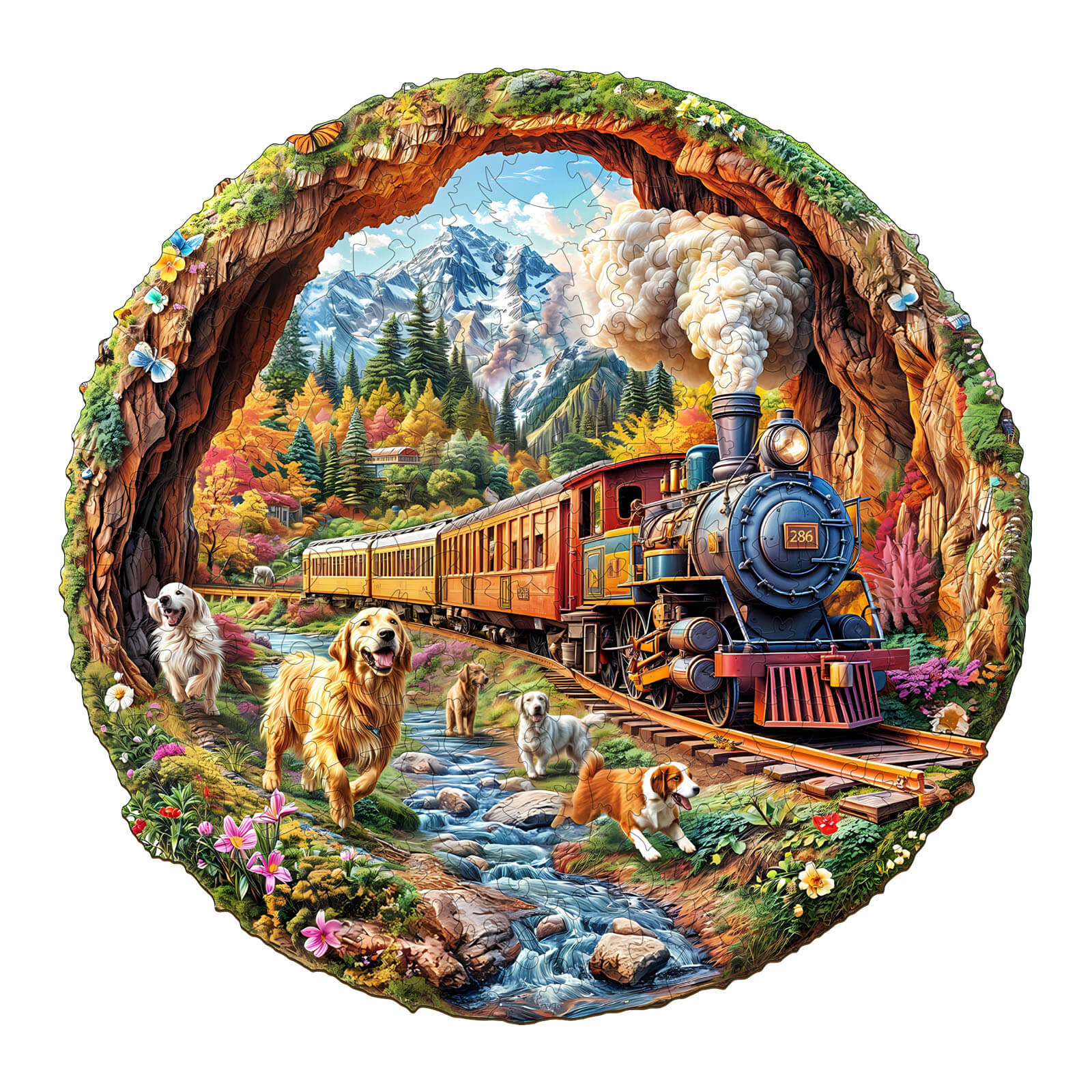 3D Racing the Train-1 wooden jigsaw puzzle featuring a train and playful dogs in a scenic mountain landscape.