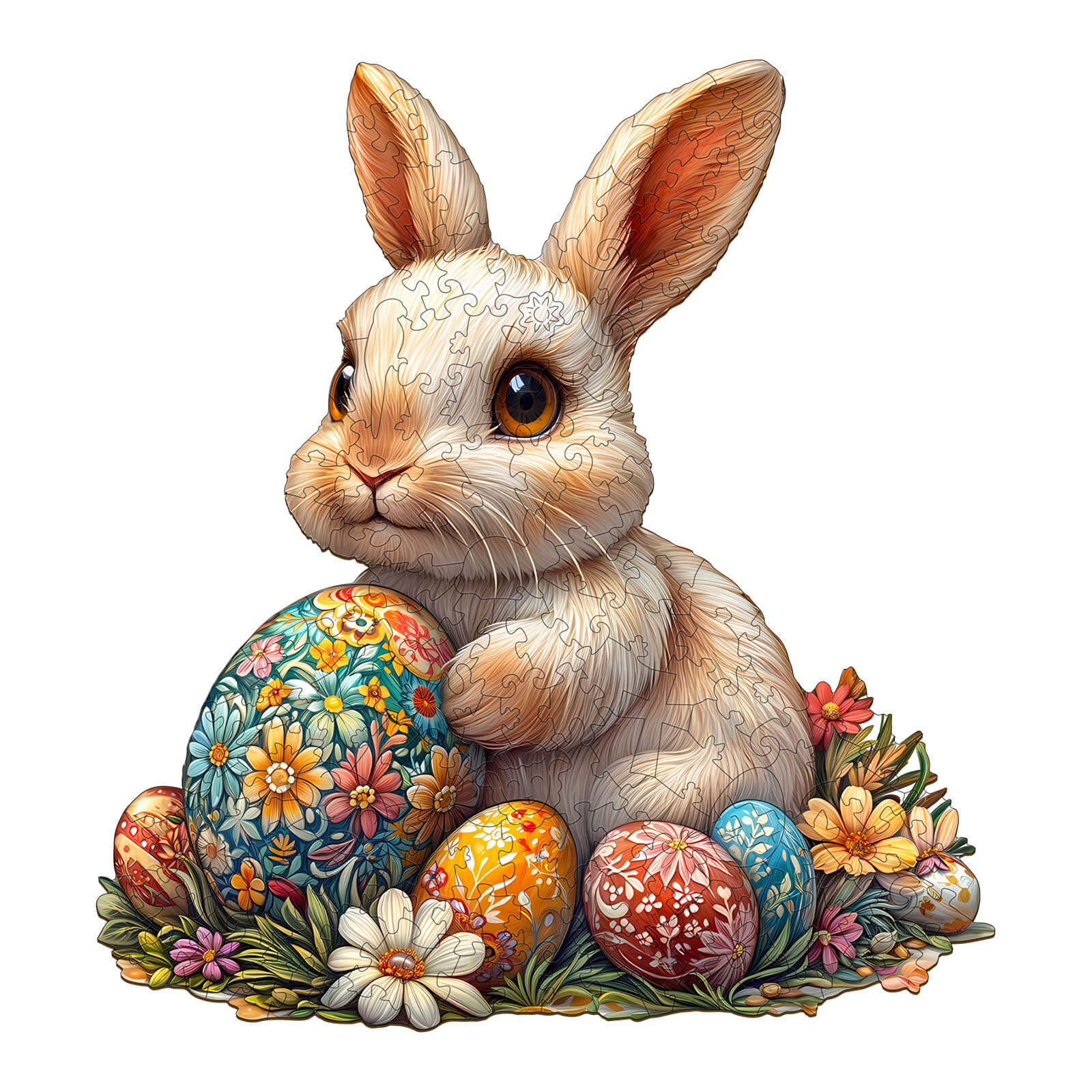 3D Wonderful Easter Bunny Jigsaw Puzzle featuring a fluffy bunny with colorful floral Easter eggs.