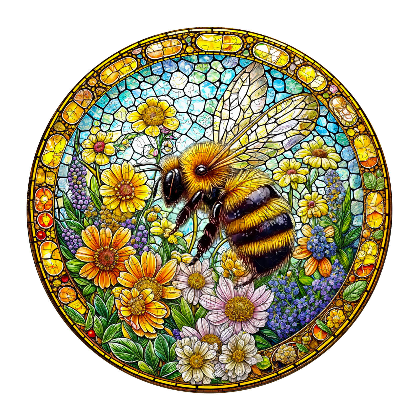 Bee spring wooden jigsaw puzzle featuring a vibrant stained glass design of a bee surrounded by colorful flowers.