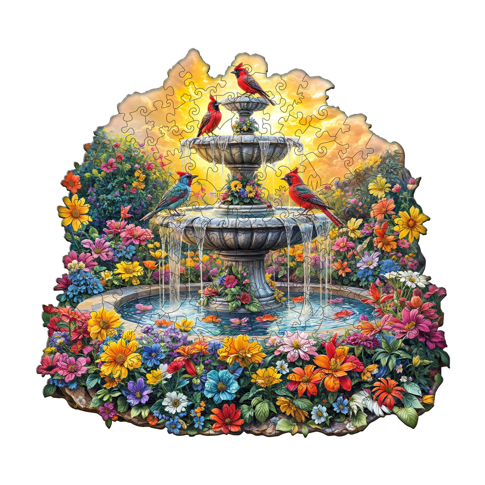 Songbird’s Garden wooden jigsaw puzzle featuring vibrant flowers and birds around a beautiful fountain.
