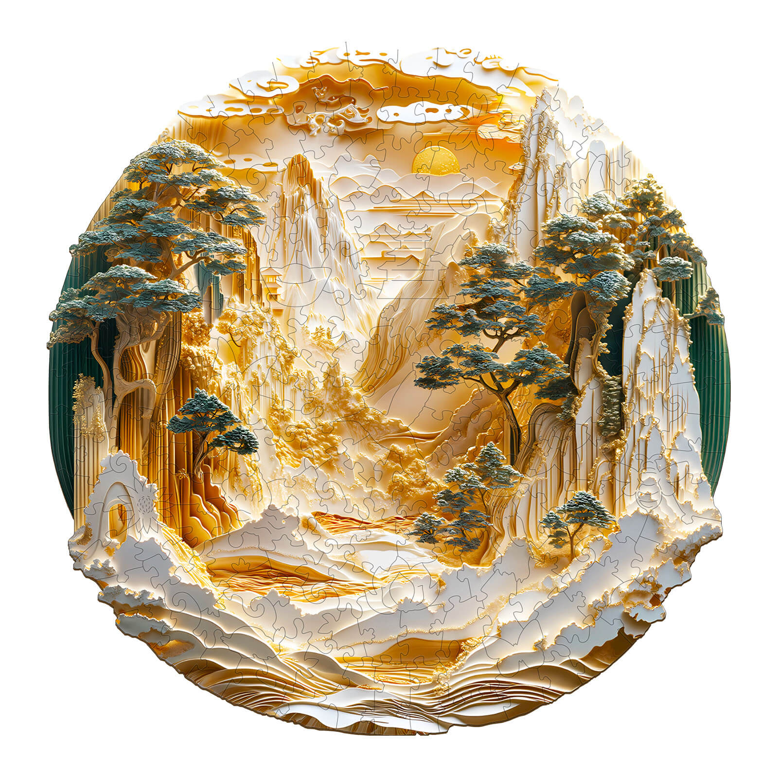 Stunning 3D Golden Mountains Wooden Jigsaw Puzzle showcasing intricate details and vibrant colors for puzzle lovers.