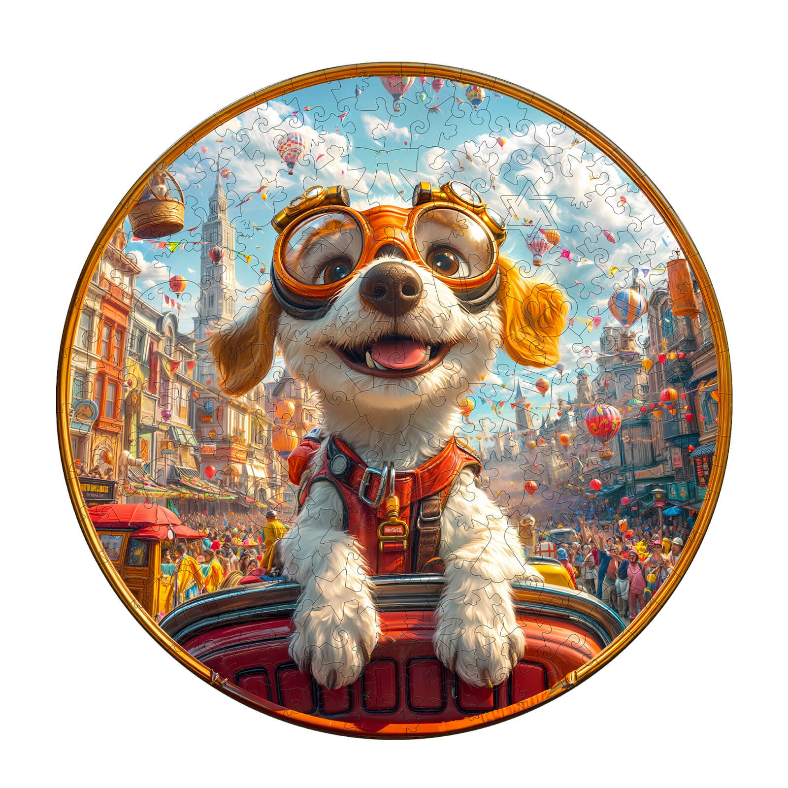 Colorful Parade Navigator wooden jigsaw puzzle featuring a playful dog with glasses enjoying a festive street scene.