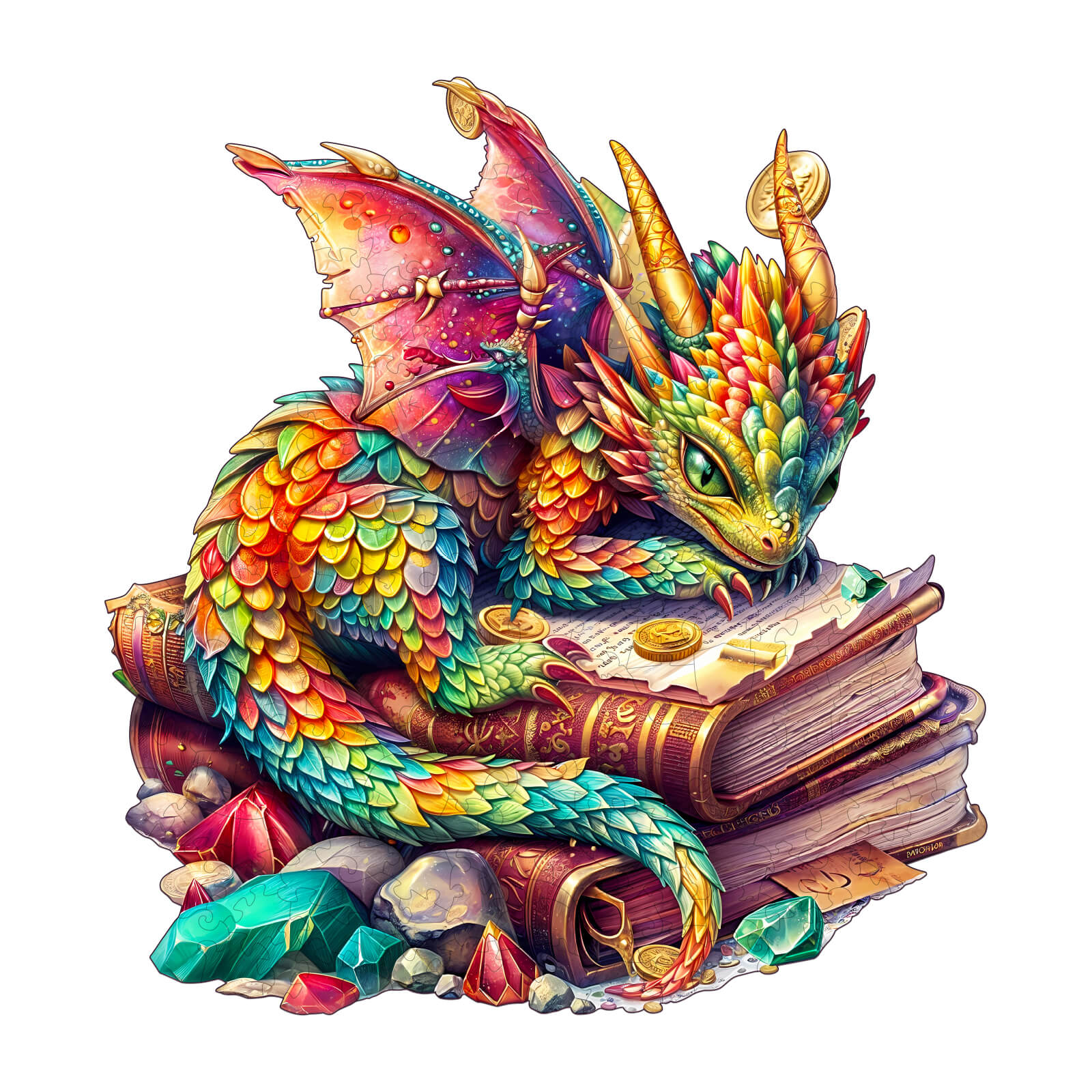 Colorful Jeweled Dragon resting on books surrounded by gems, perfect for jigsaw puzzle enthusiasts and mind games lovers.