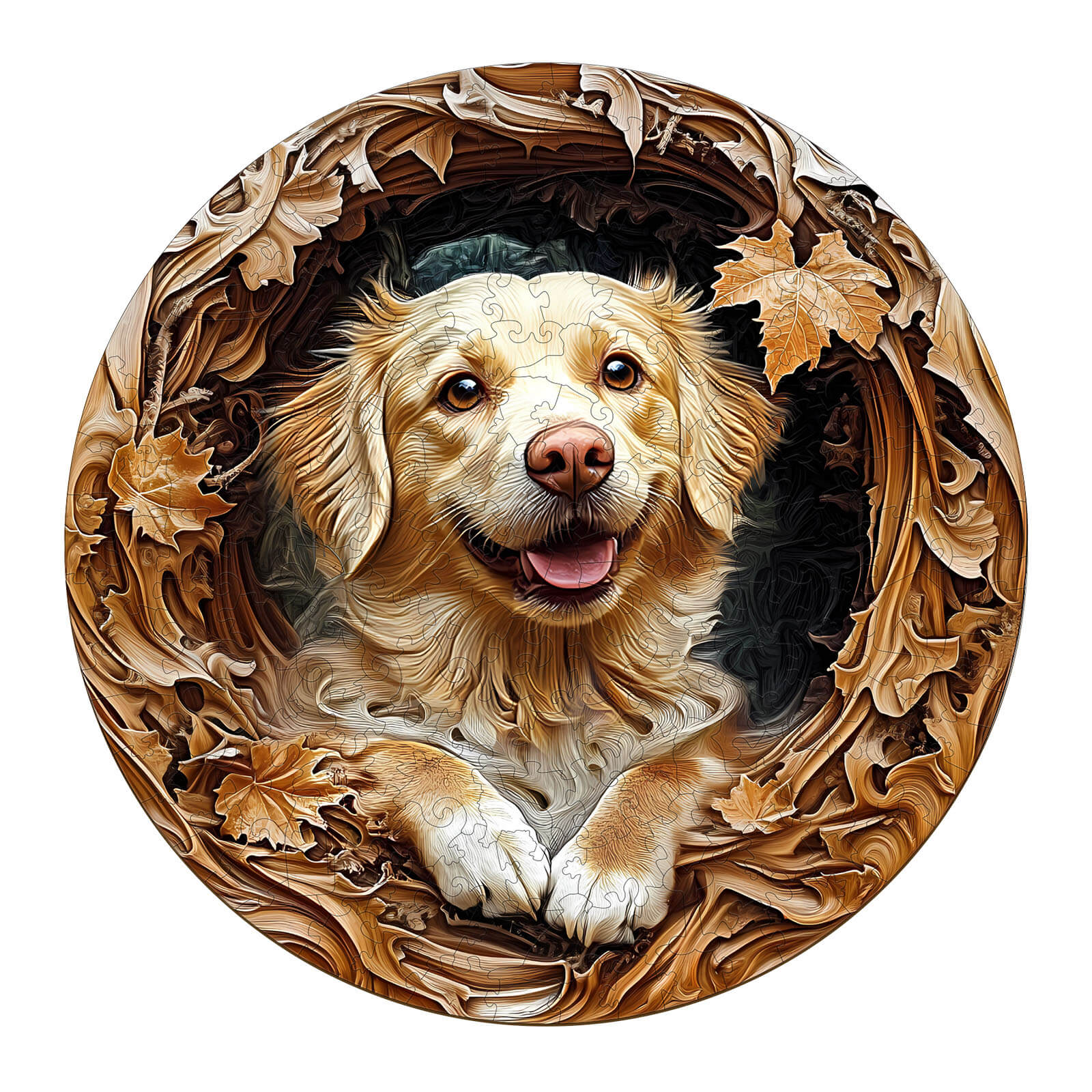 3D Golden Retriever-2 wooden jigsaw puzzle featuring a cheerful dog surrounded by autumn leaves.