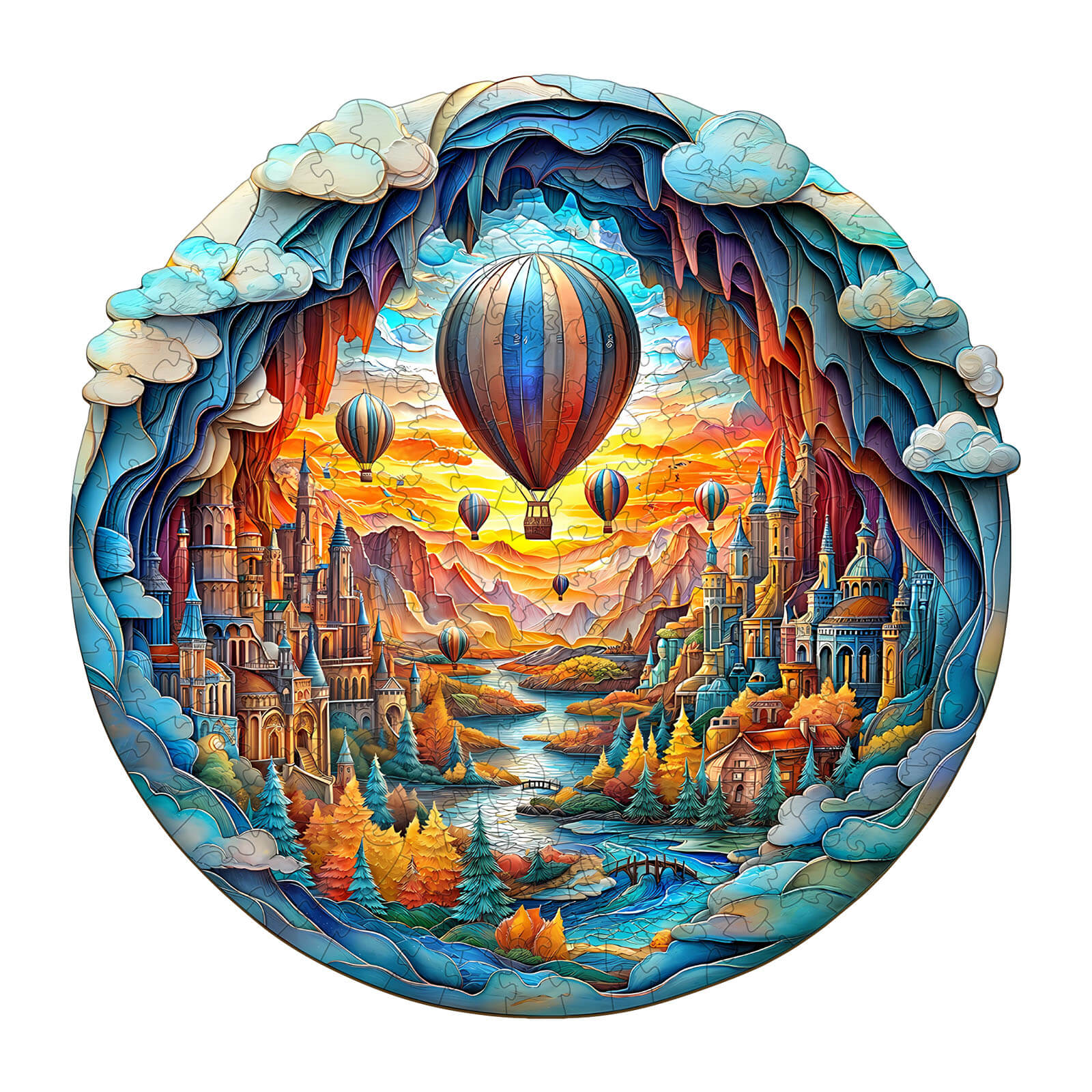 3D Balloon Town Wooden Jigsaw Puzzle featuring colorful hot air balloons over a picturesque landscape and castle scenery.