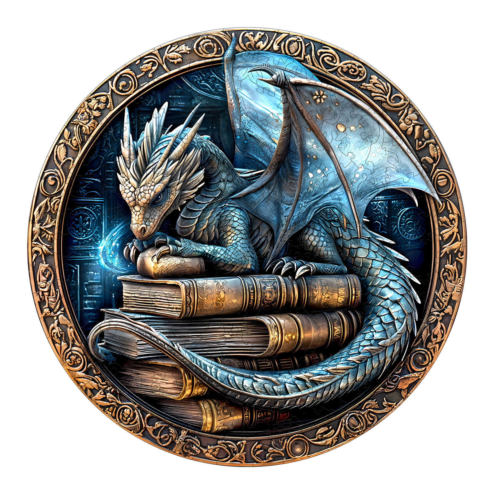 3D Ancient protector wooden jigsaw puzzle featuring a dragon on a stack of books, enhancing focus and intelligence.