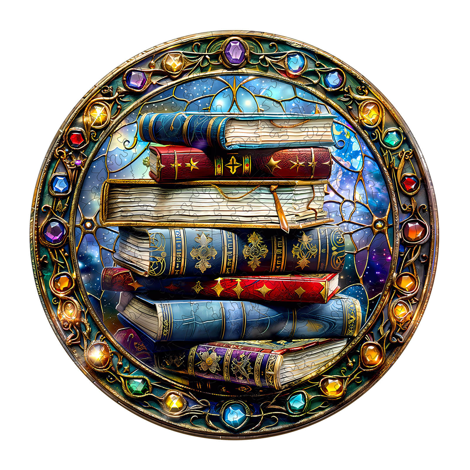 Colorful stack of magical books arranged in a circular design, surrounded by sparkling gems, reminiscent of a jigsaw puzzle theme.