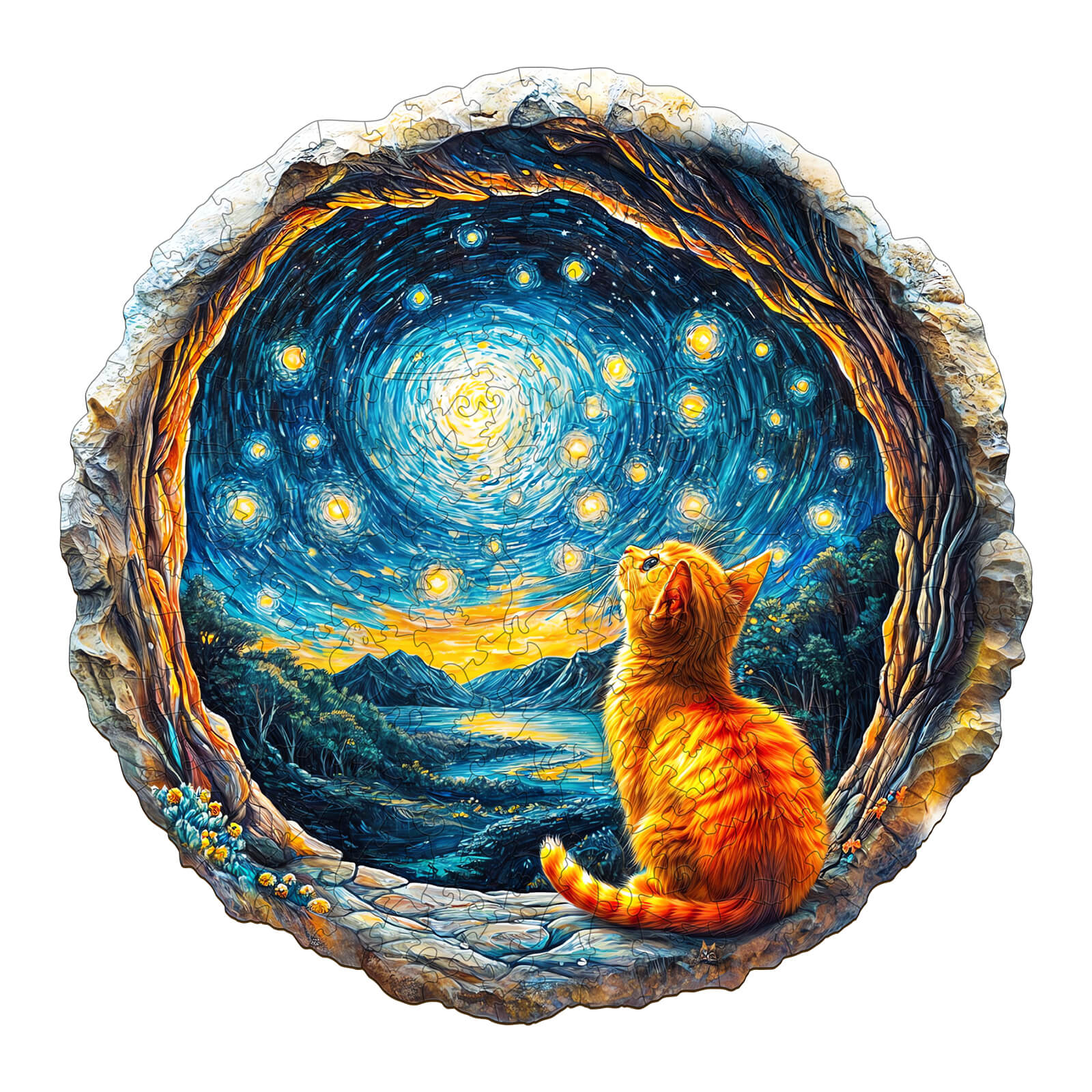 3D Starry Dream Wooden Jigsaw Puzzle featuring an orange cat gazing at a starry night sky in a scenic landscape.