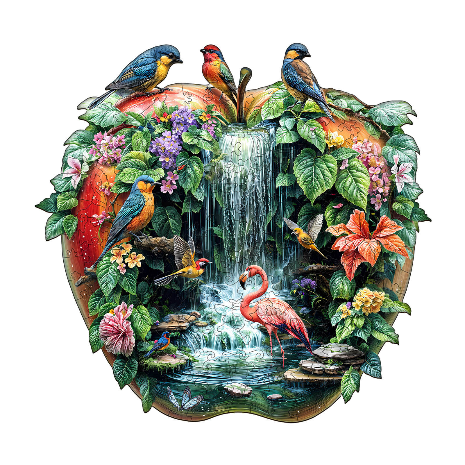 Colorful Paradise Garden wooden jigsaw puzzle featuring vibrant birds and a serene waterfall in lush foliage.