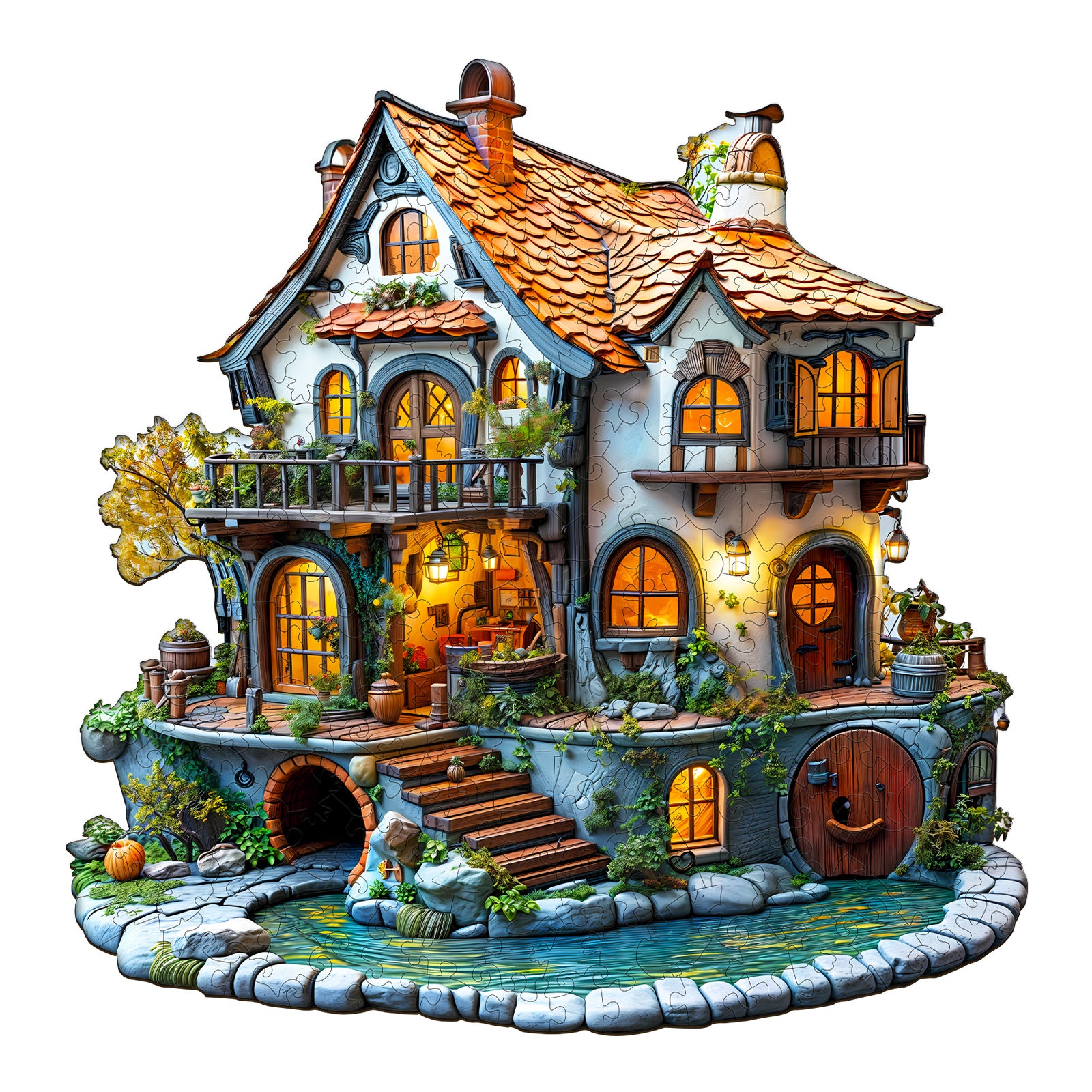 3D Glow Cottage Wooden Jigsaw Puzzle featuring a whimsical cottage design with illuminated windows and intricate details.